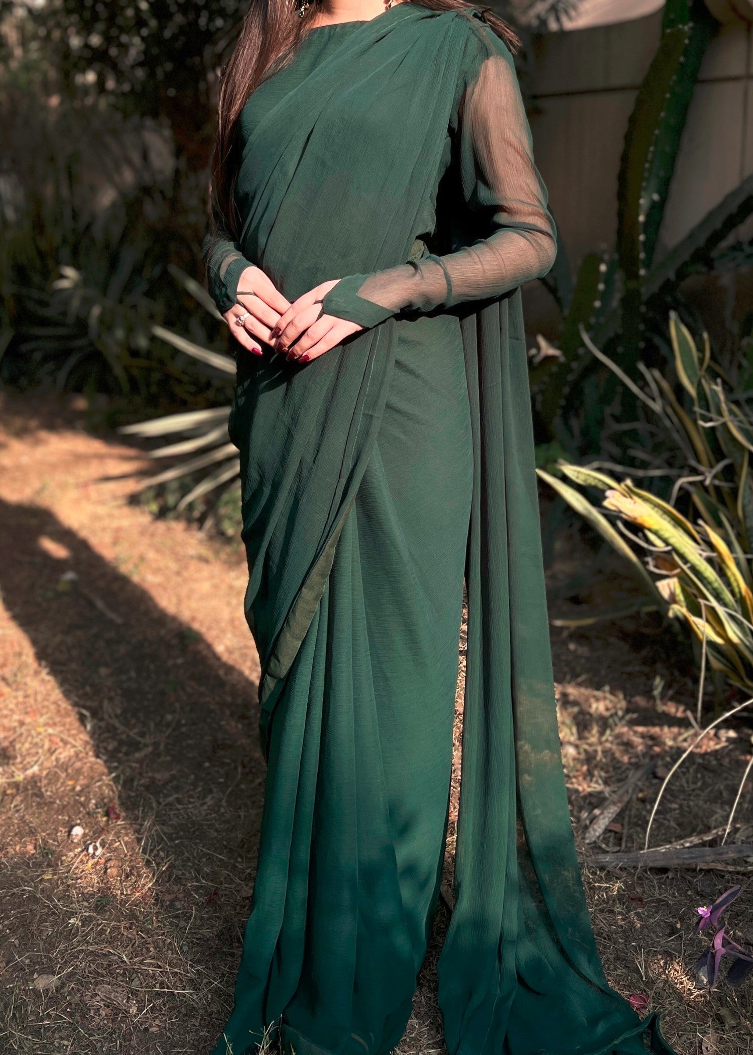 chiffon Saree in Bottle green