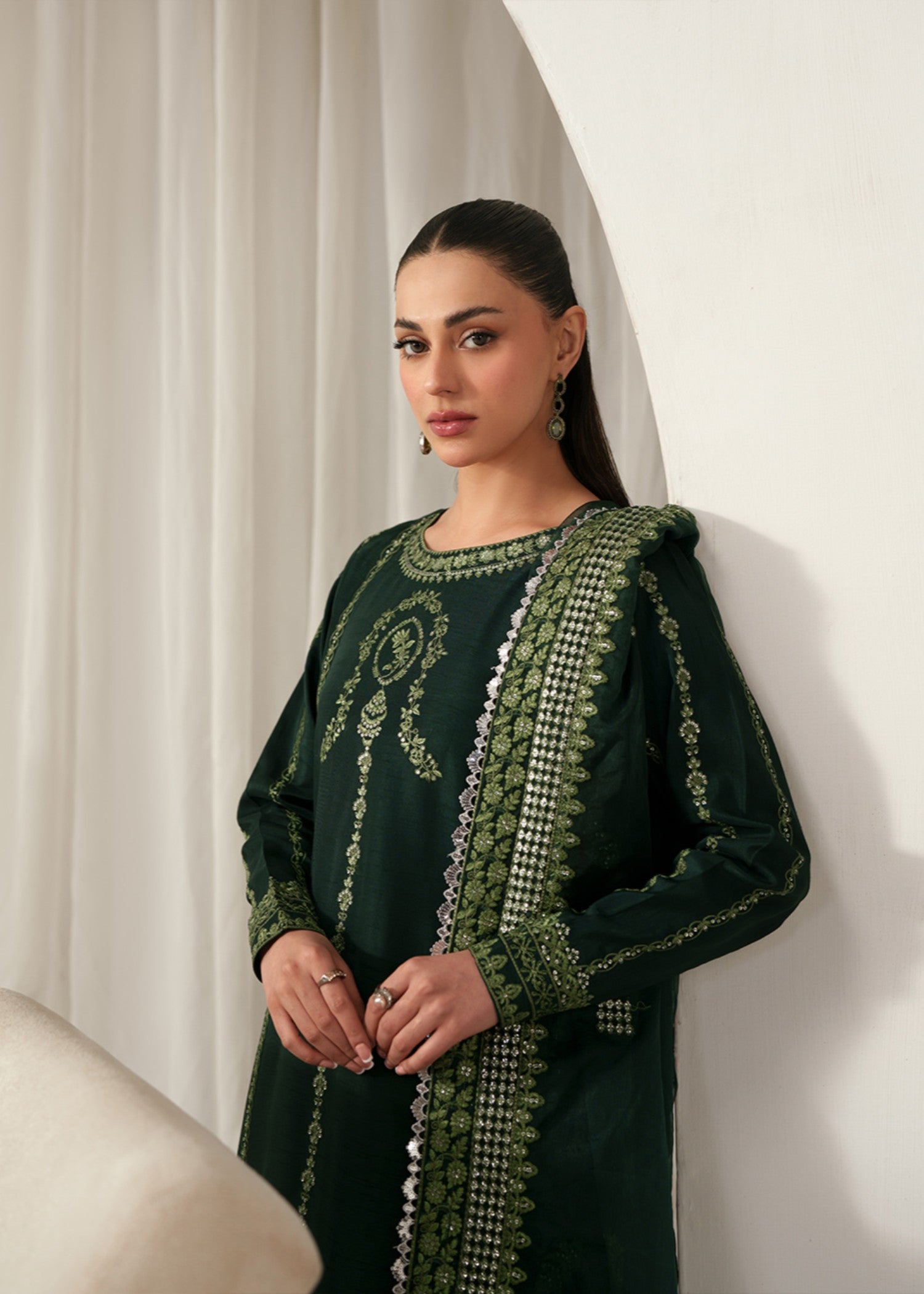 korean raw silk Kurta Set in Dark green