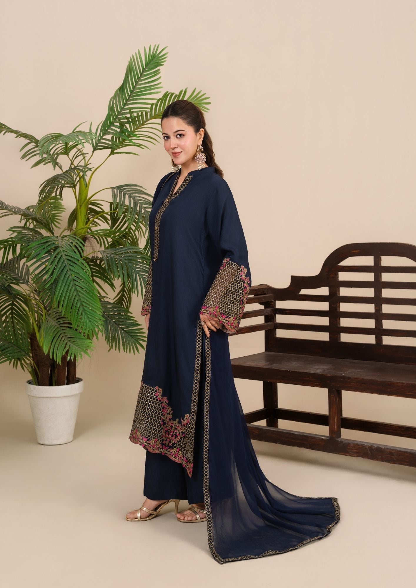 viscose raw silk Kurta Set in Navy blue