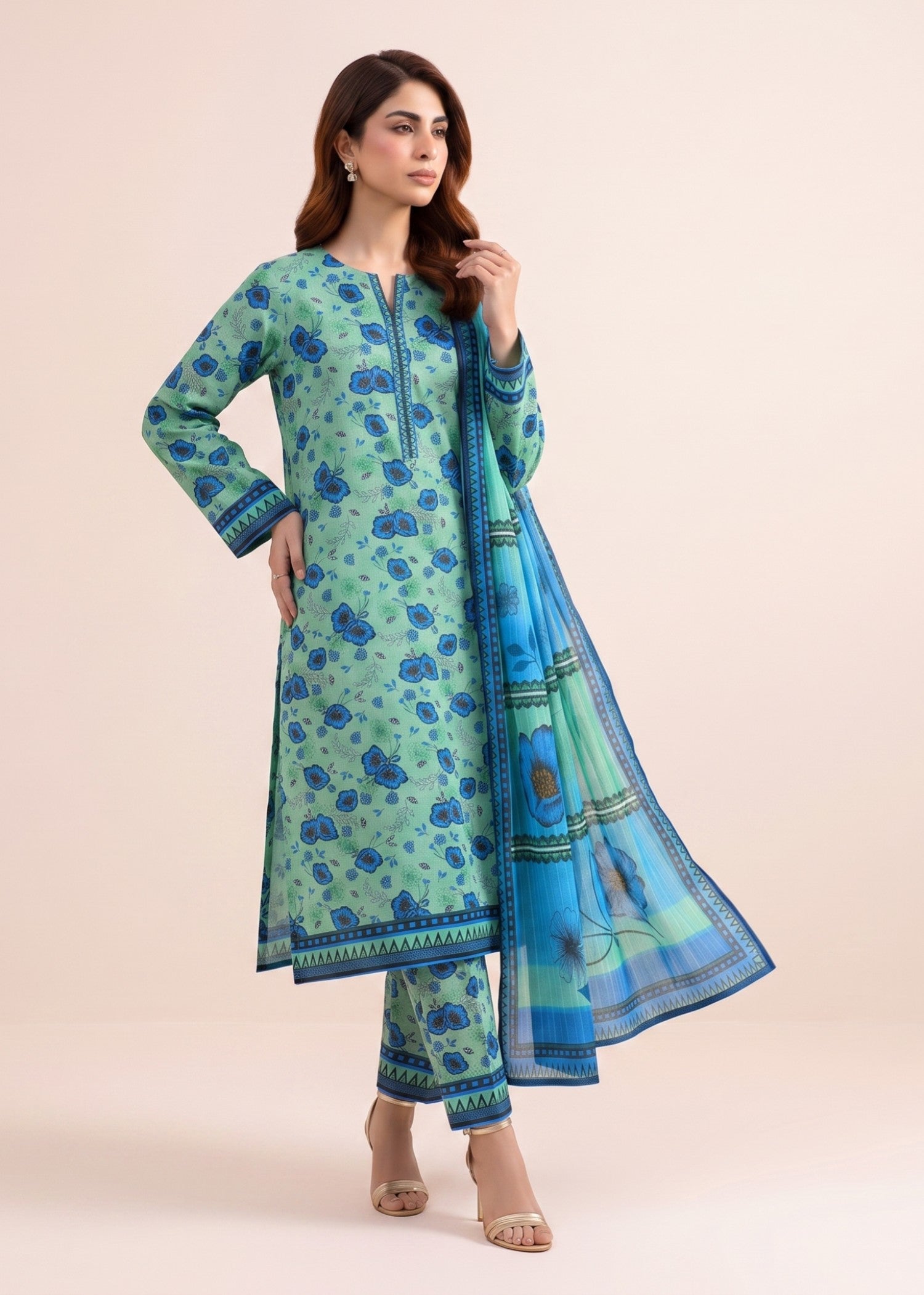 lawn Unstitched in Royal blue, turquoise