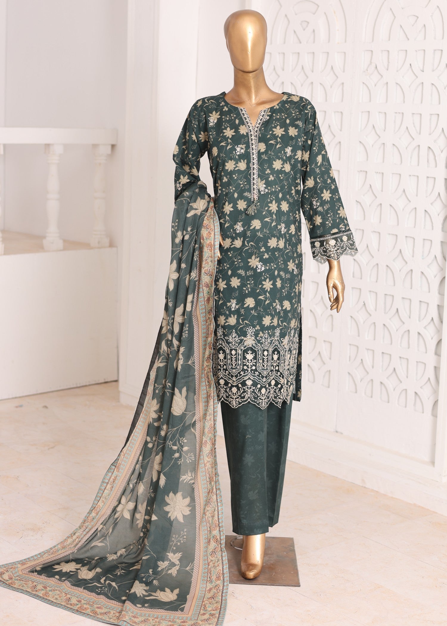 lawn Kurta Set in Bottle green