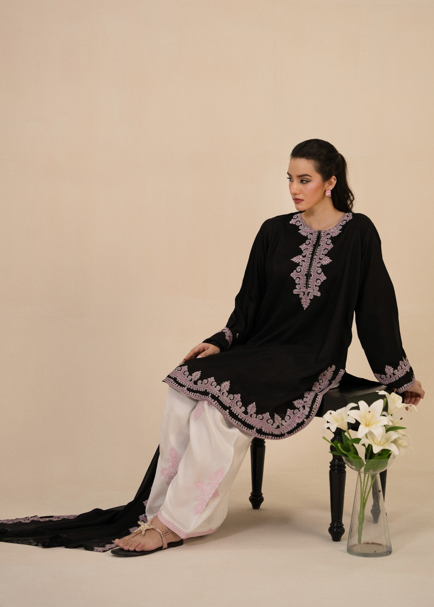 korean raw silk Kurta Set in Black