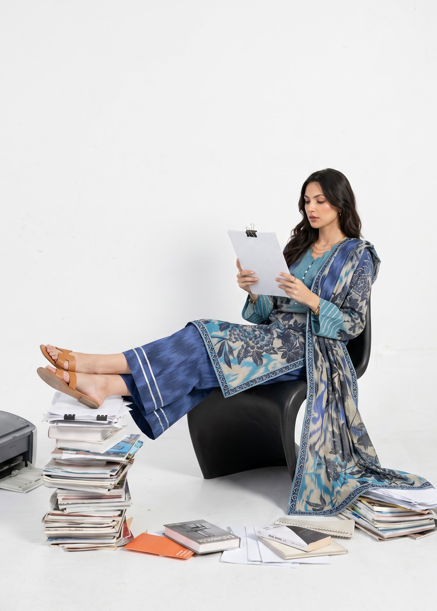 zari tissue Kurta Set in Blue