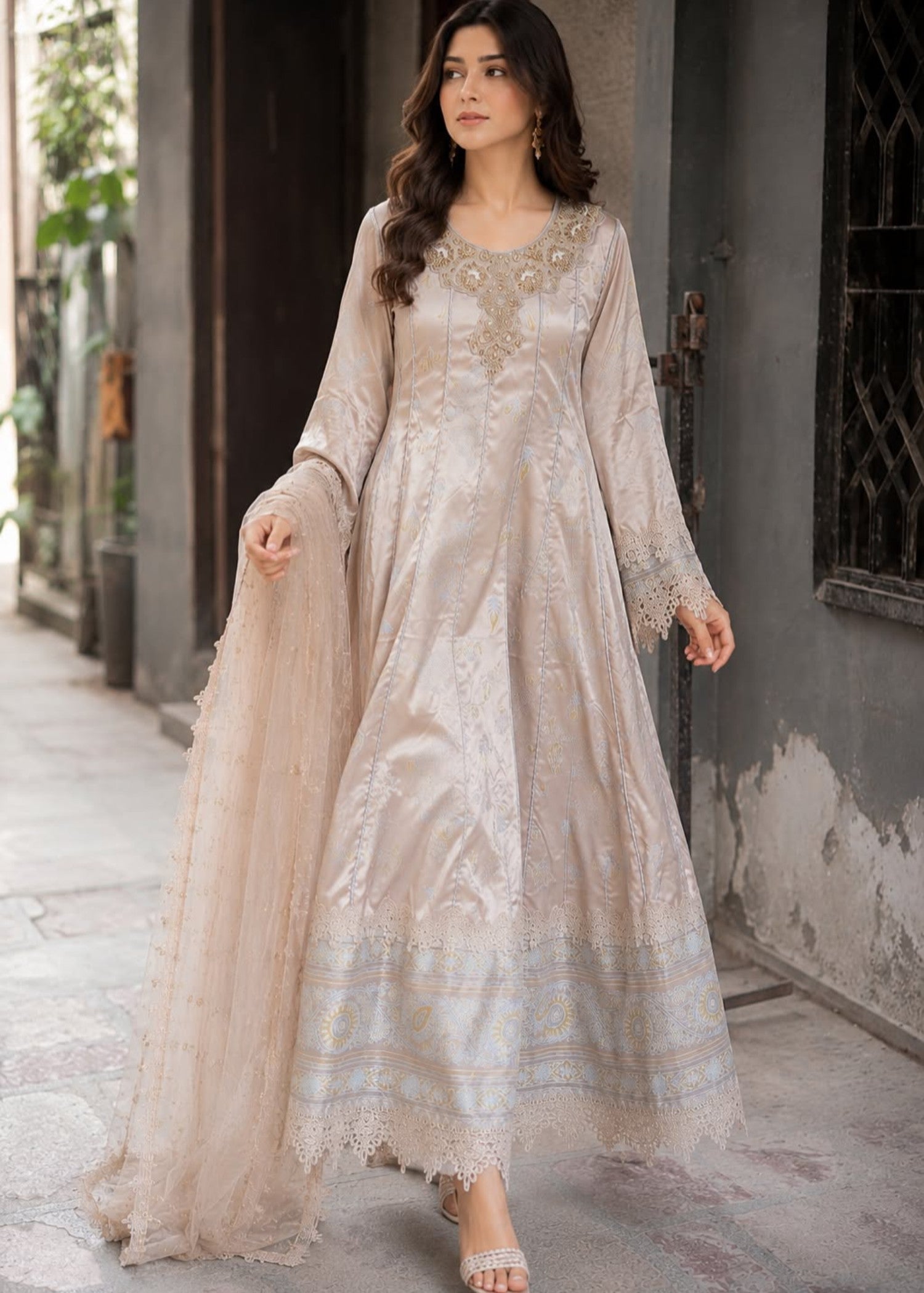 silk Anarkali in Silver