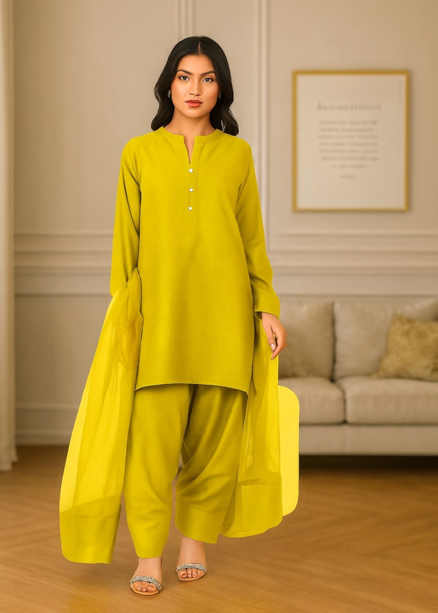 silk Kurta Set in Chartreuse