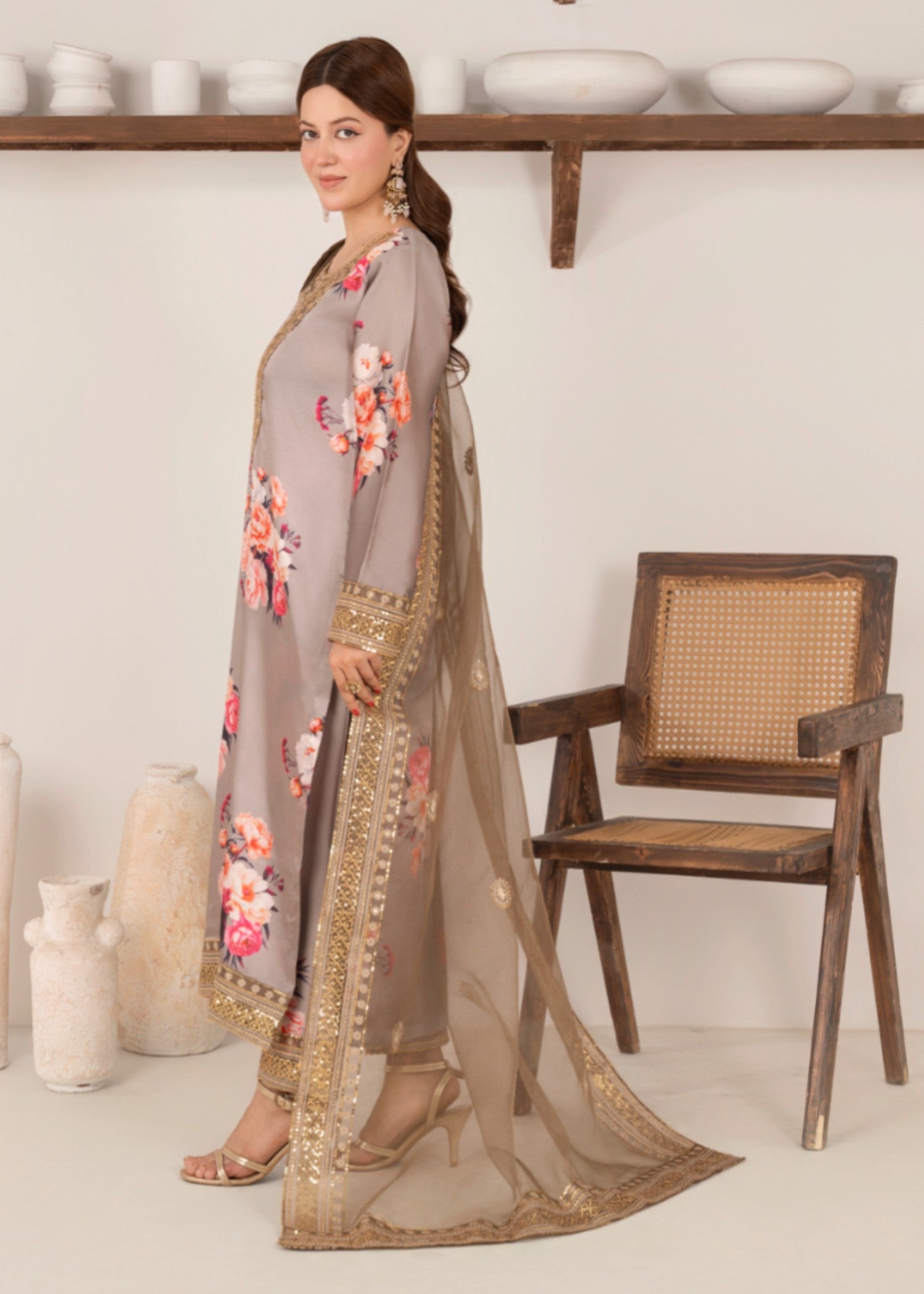 silk charmeuse Kurta Set in Light grey