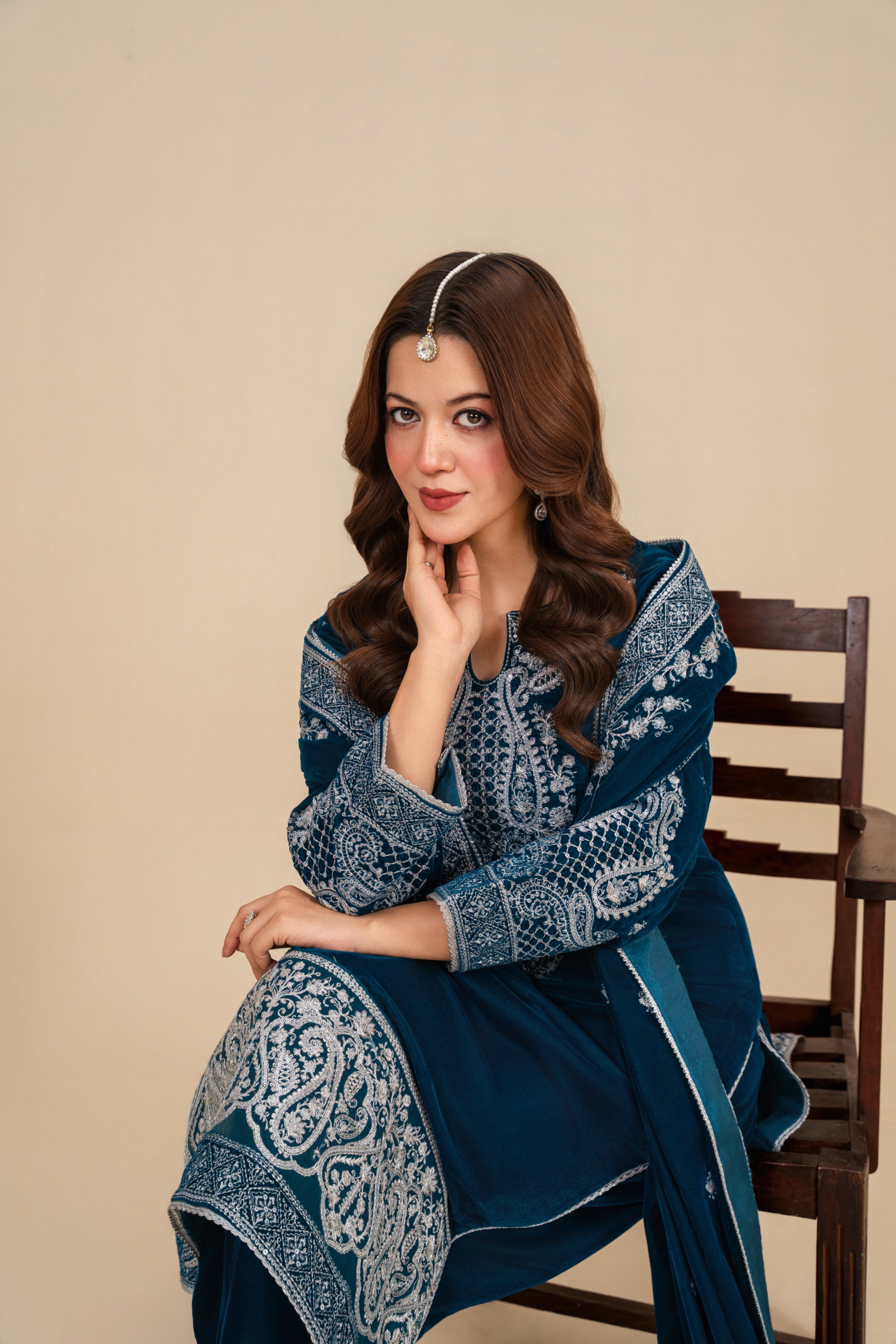 velvet Kurta Set in Yale blue