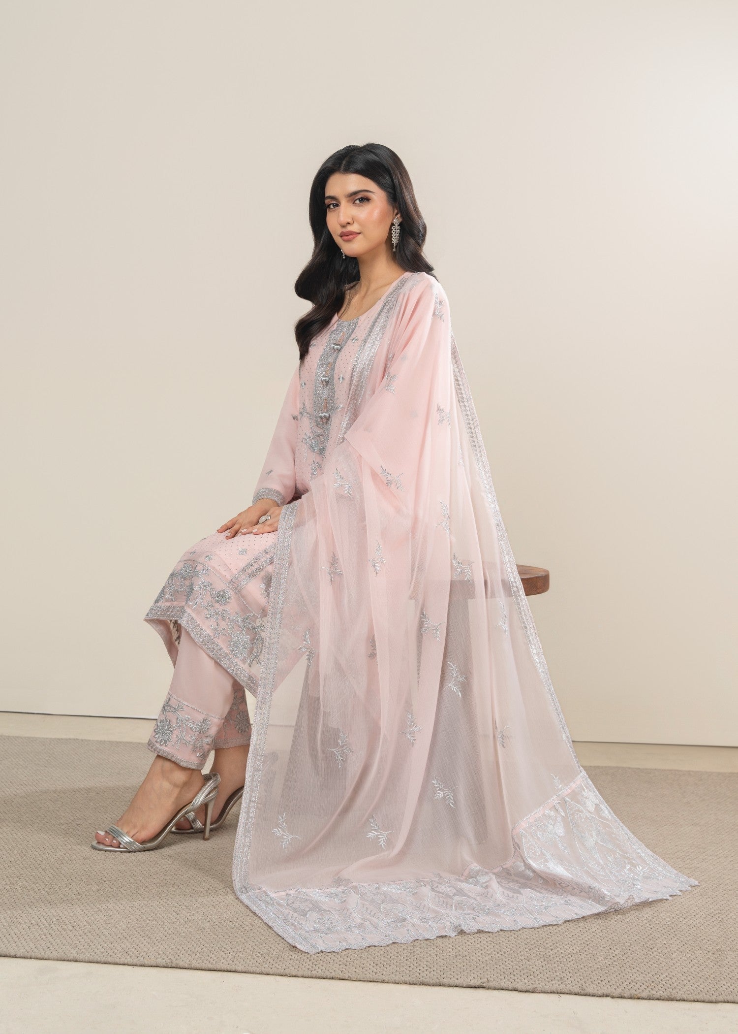 chiffon Kurta Set in Pale pink