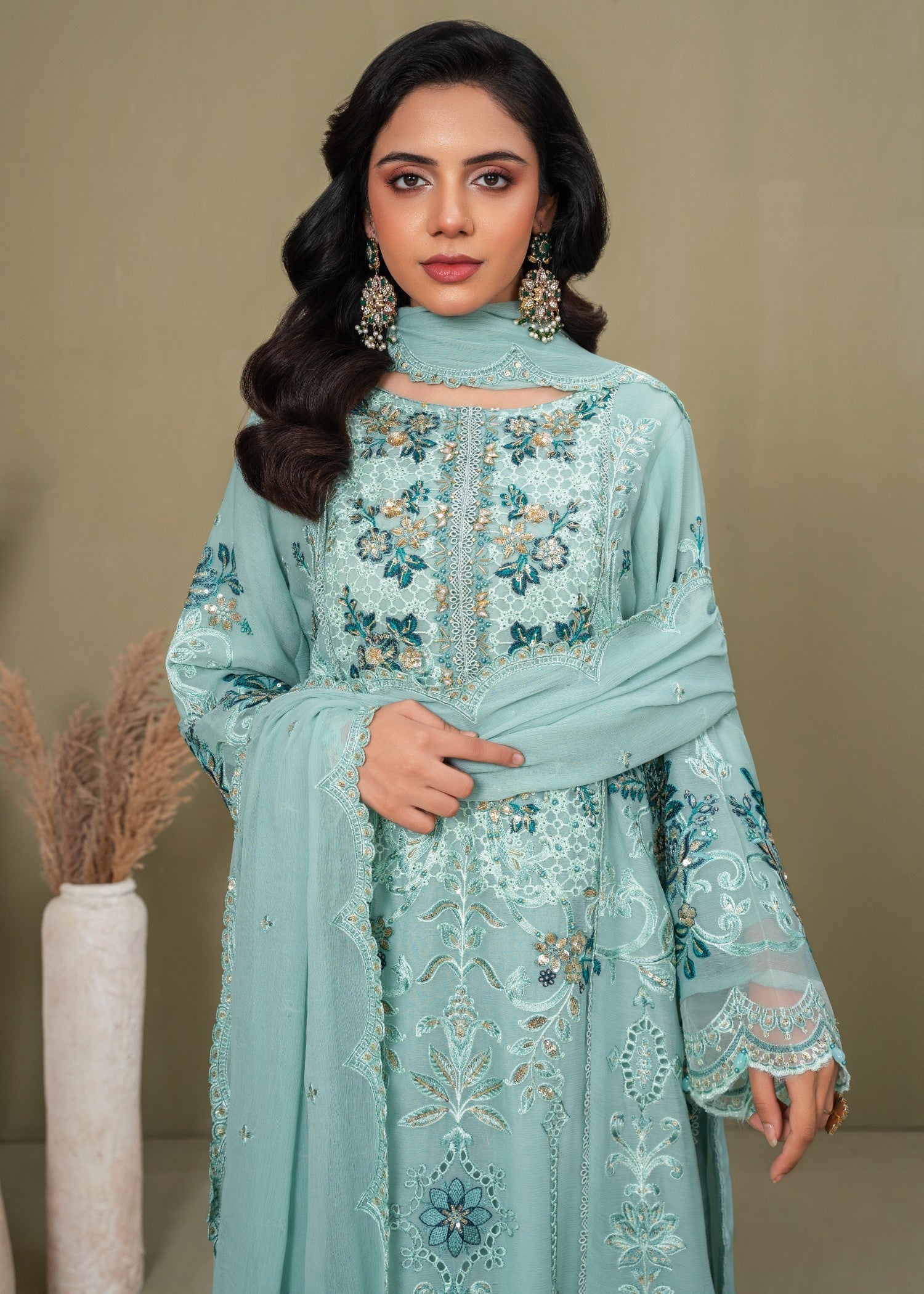 crinkle chiffon Kurta Set in Aquamarine