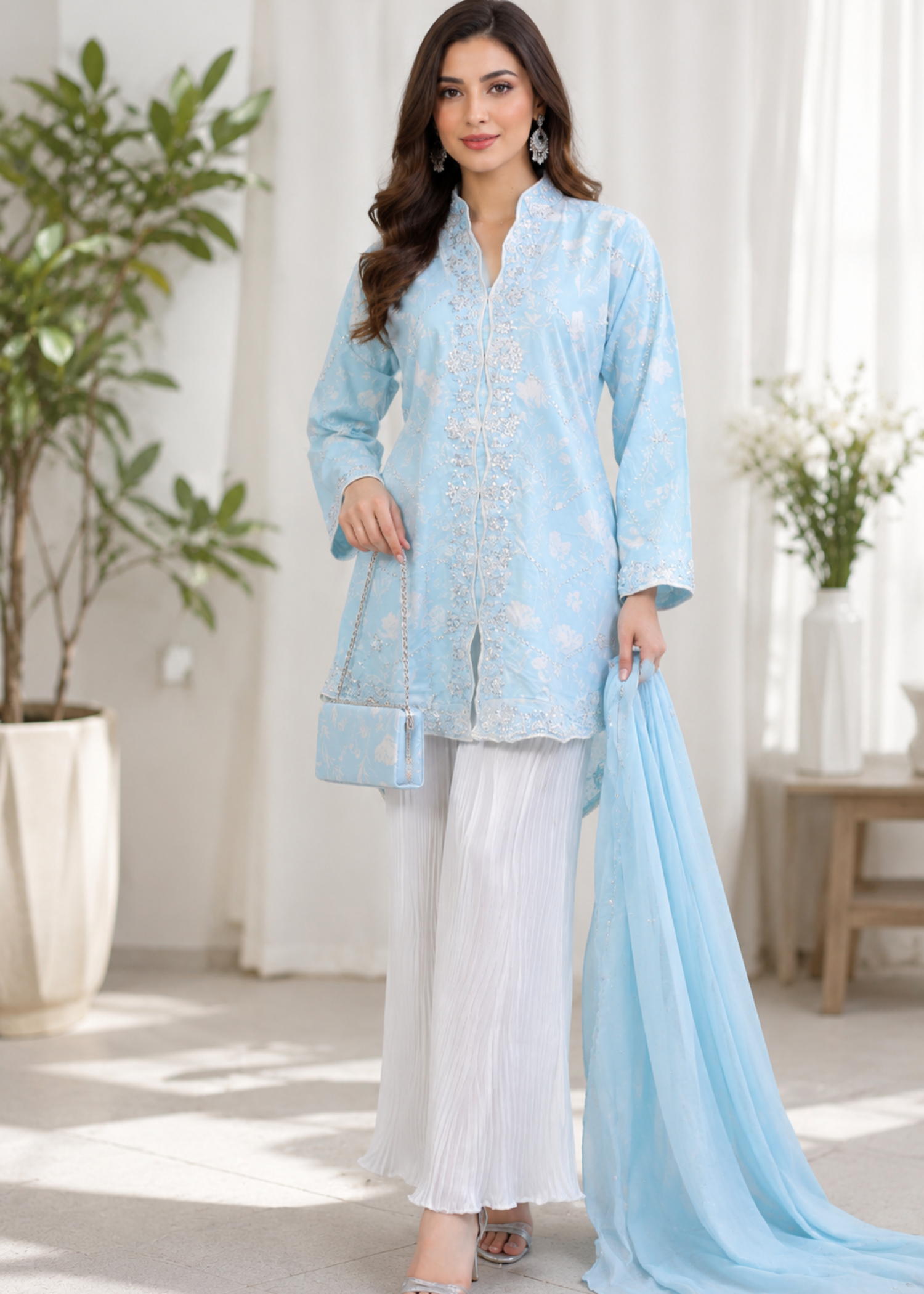 crepe Kurta Set in Sky