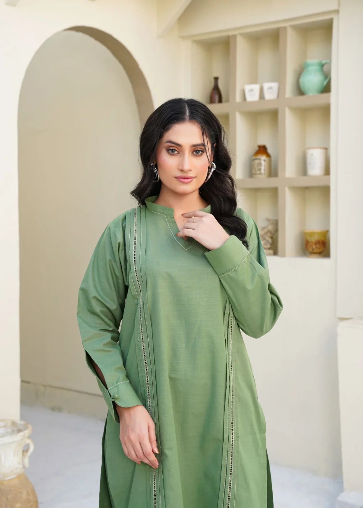 slub khaddar Kurta Set in Sage green