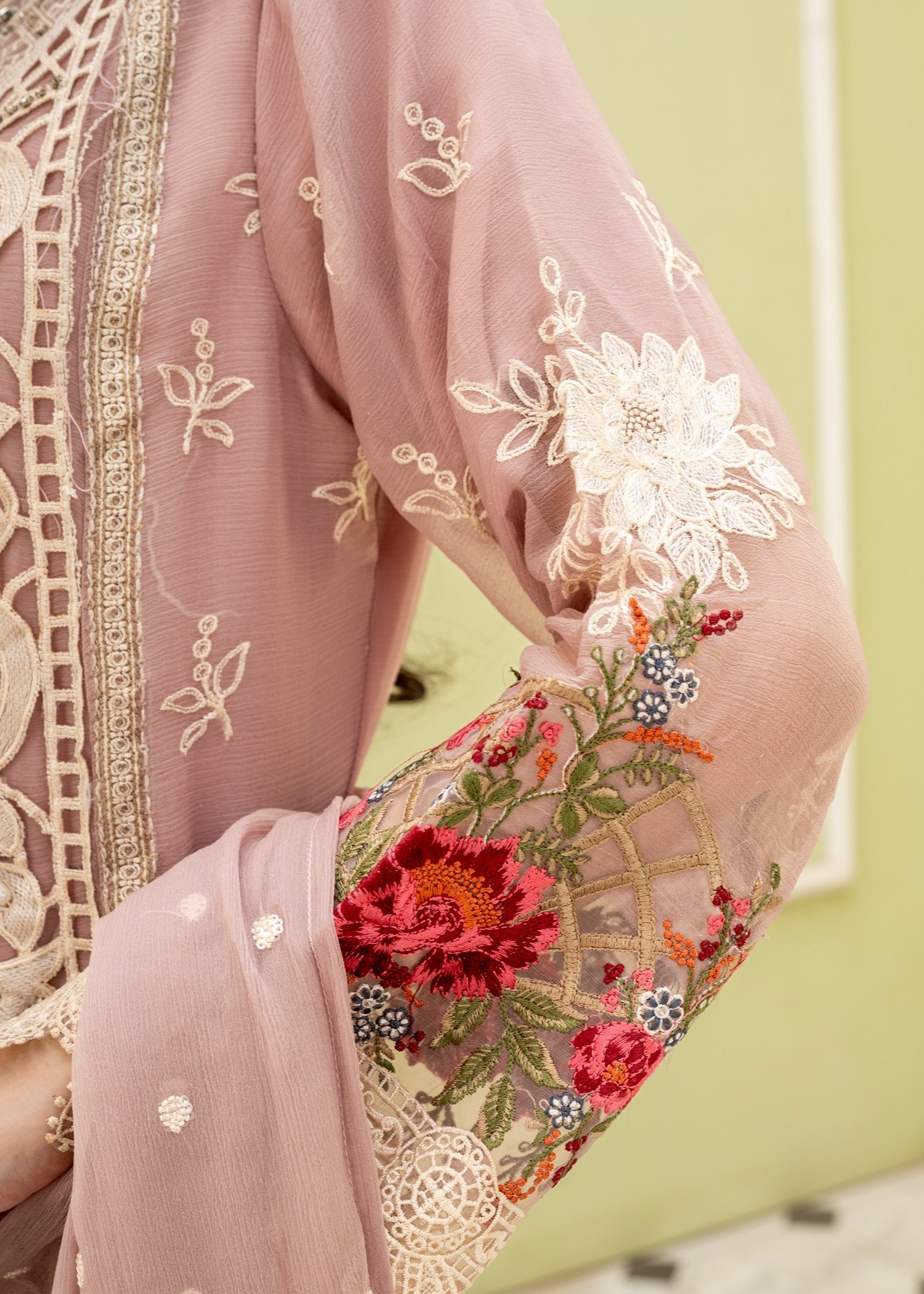 crinkle chiffon Kurta Set in Pink