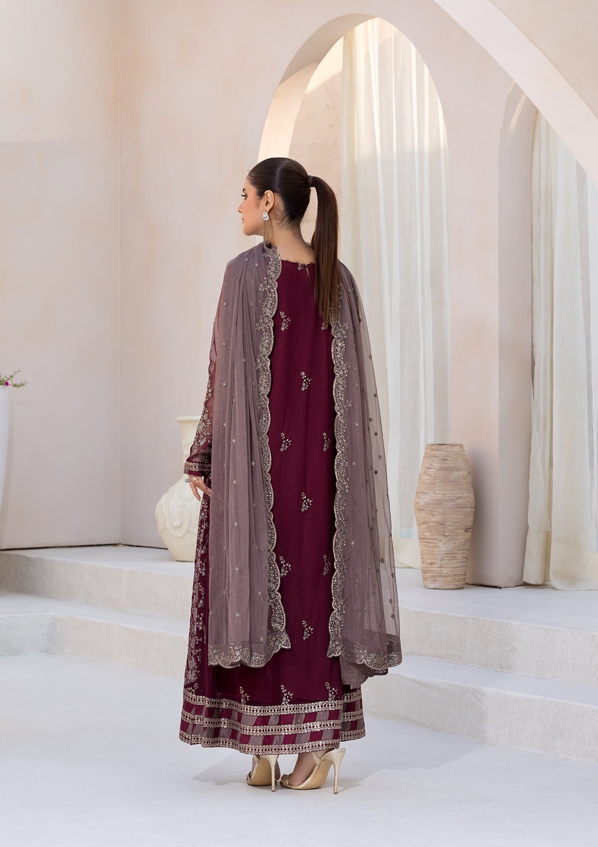 net Kurta Set in Maroon