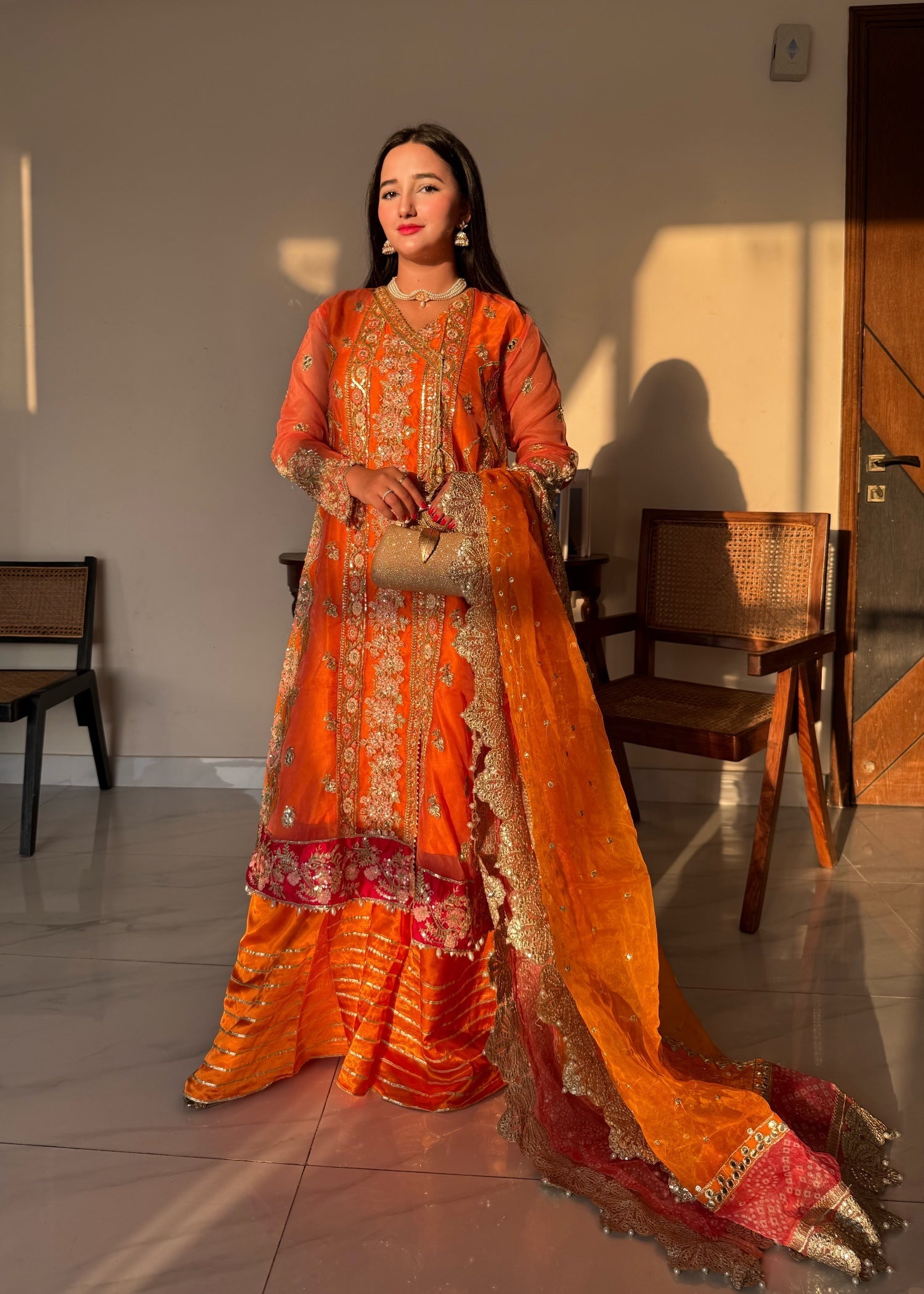 organza Angrakha in Orange, pumpkin orange