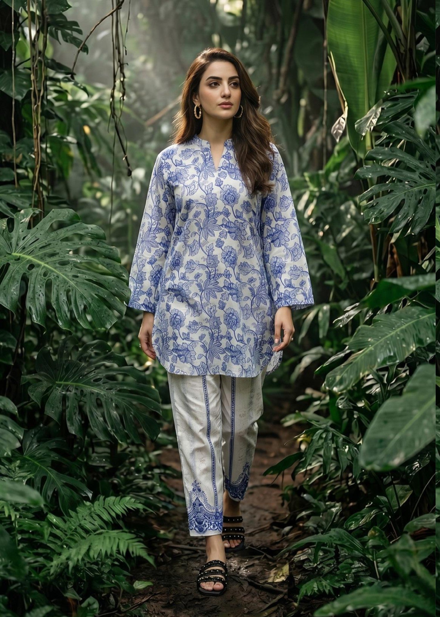 slub lawn Kurta Set in White