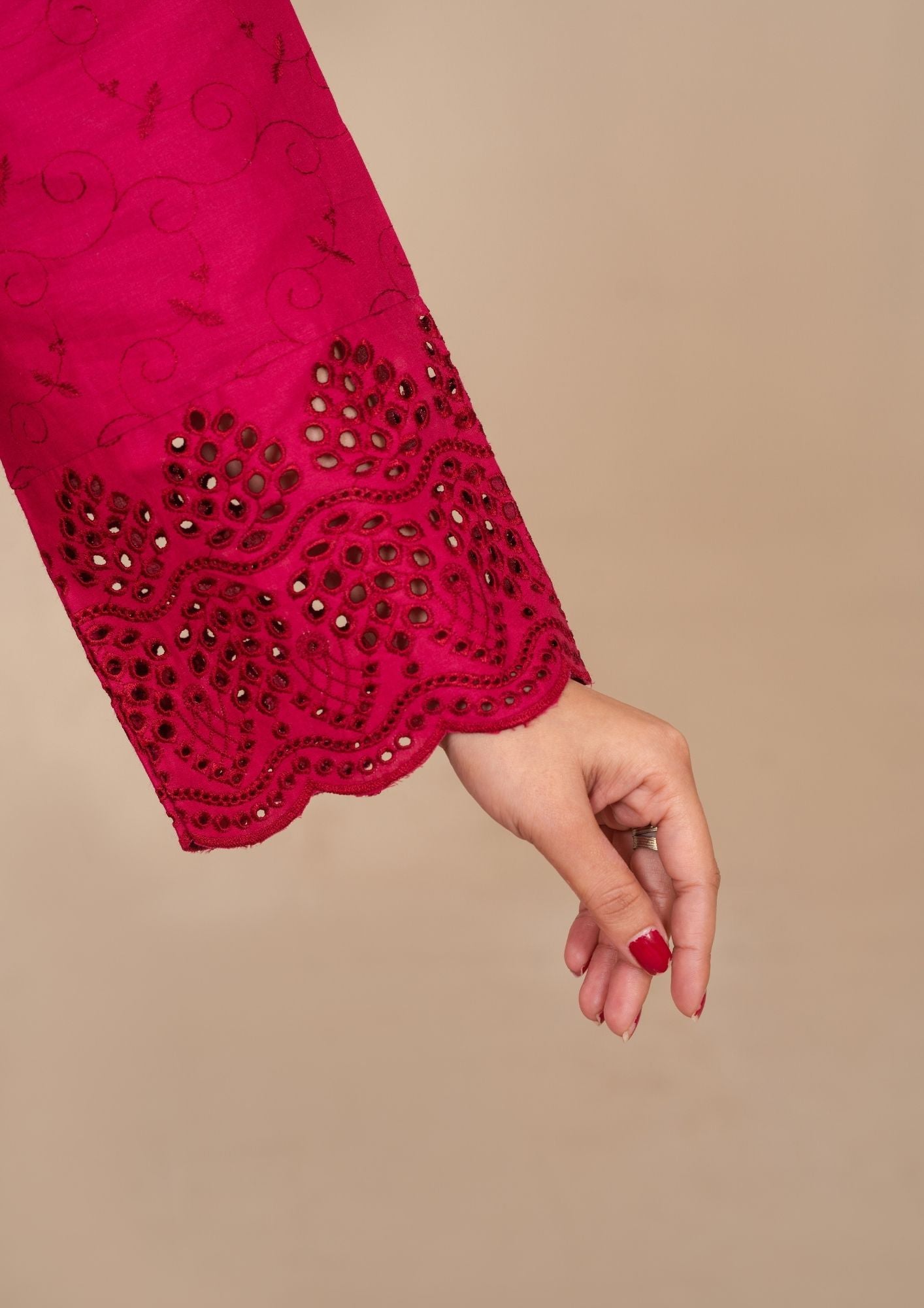 cambric Kurta Set in Rose red