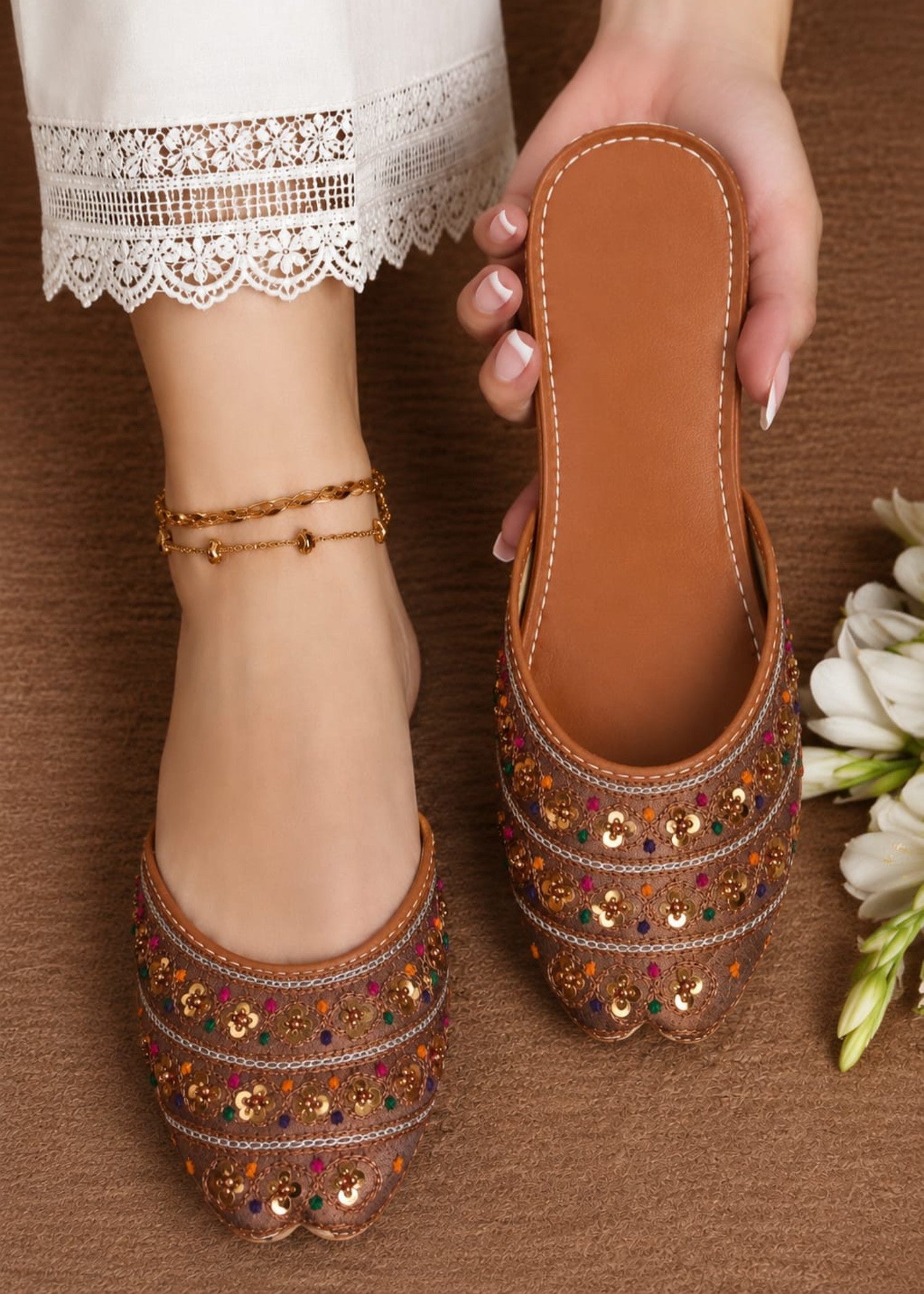 Khussa in Saddle brown by - High Quality Women Khussa INY0410