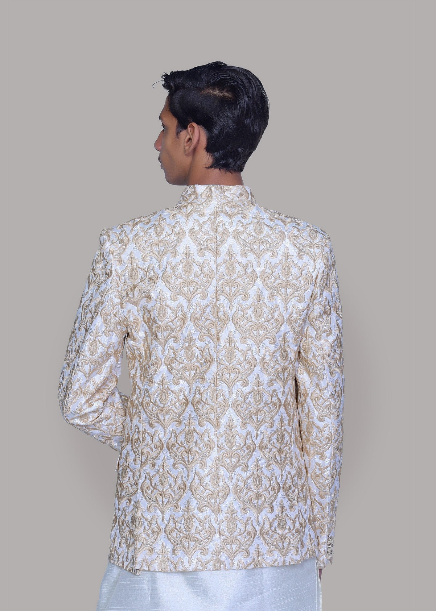 jamawar Prince Coat in Pearl white