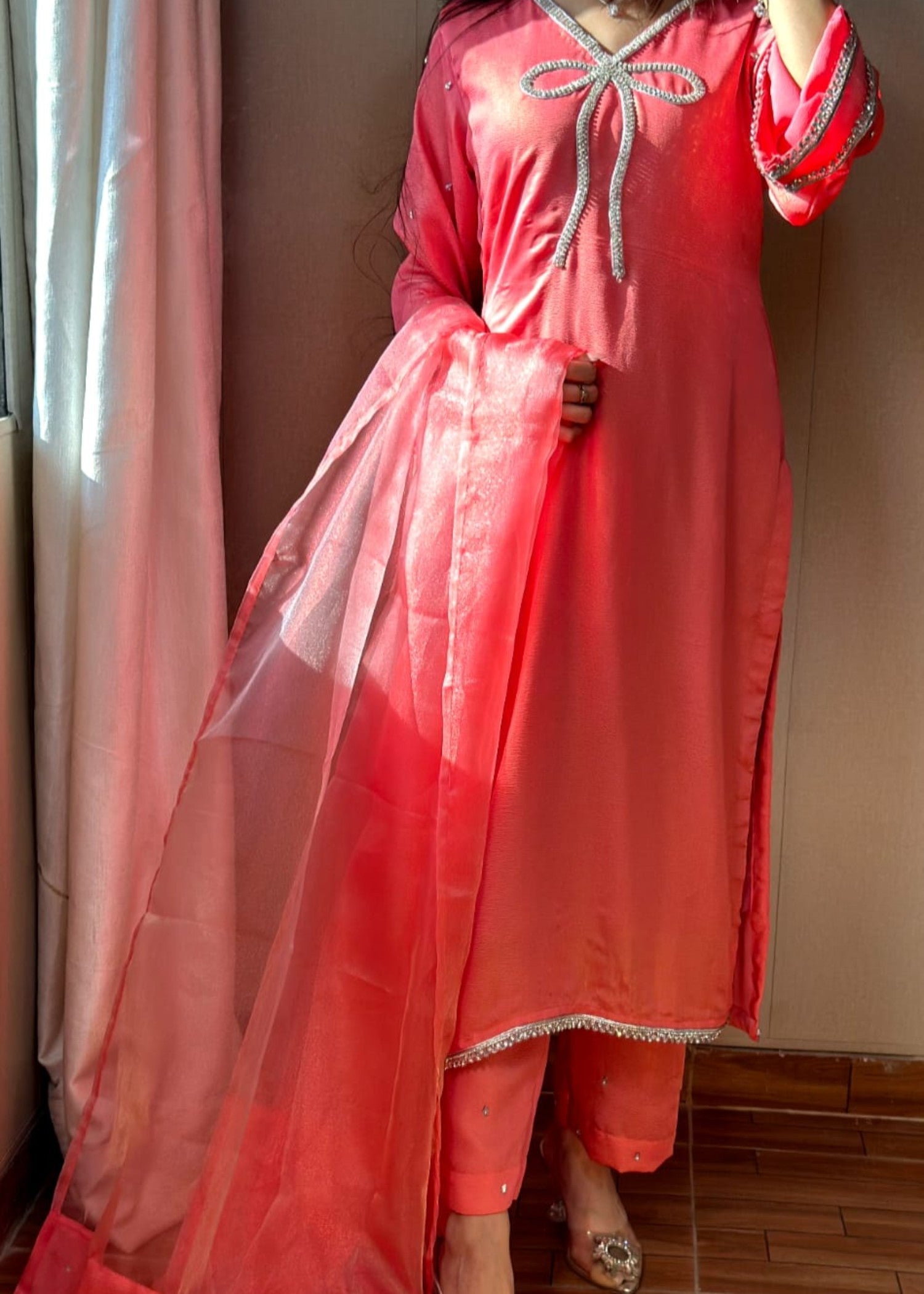 pk crinkle chiffon Kurta Set in Pink
