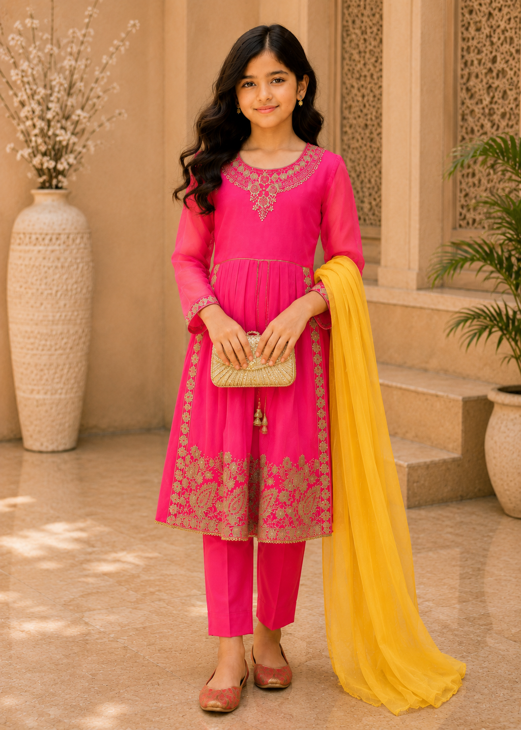 chiffon Short Frock in Shocking pink