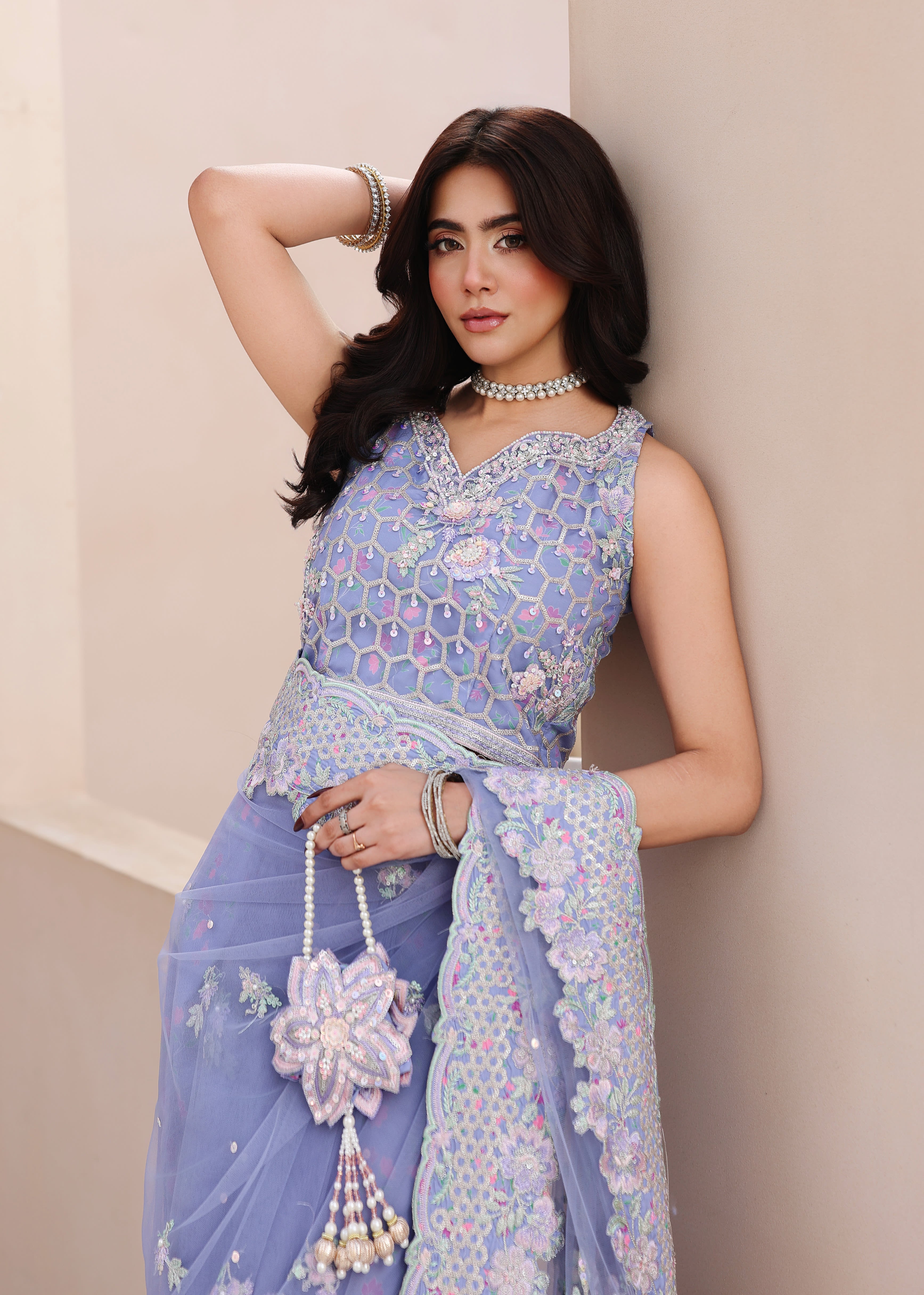 net Saree in Lavender