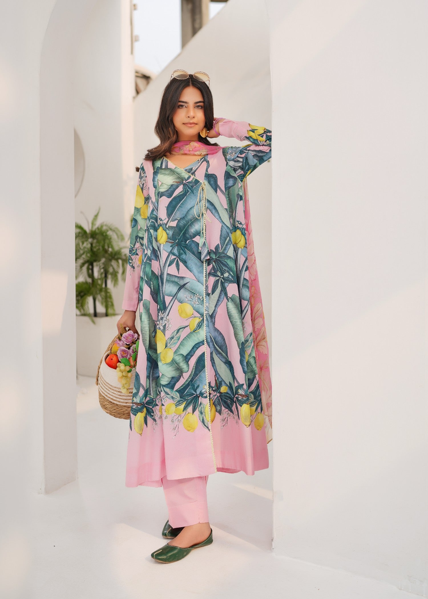 lawn Angrakha in Pink