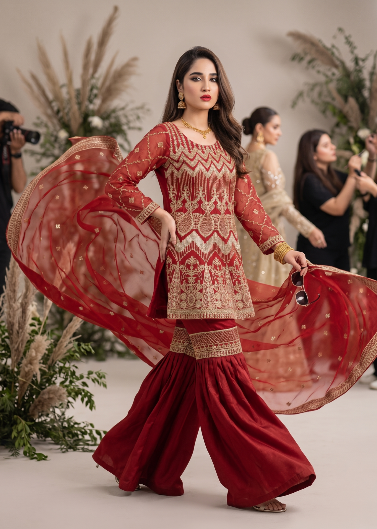 organza Gharara in Red