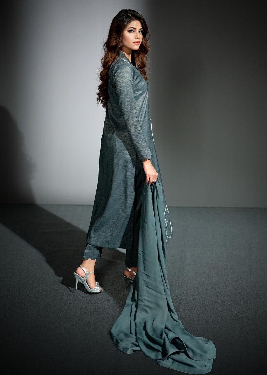 jacquard Kurta Set in Grey