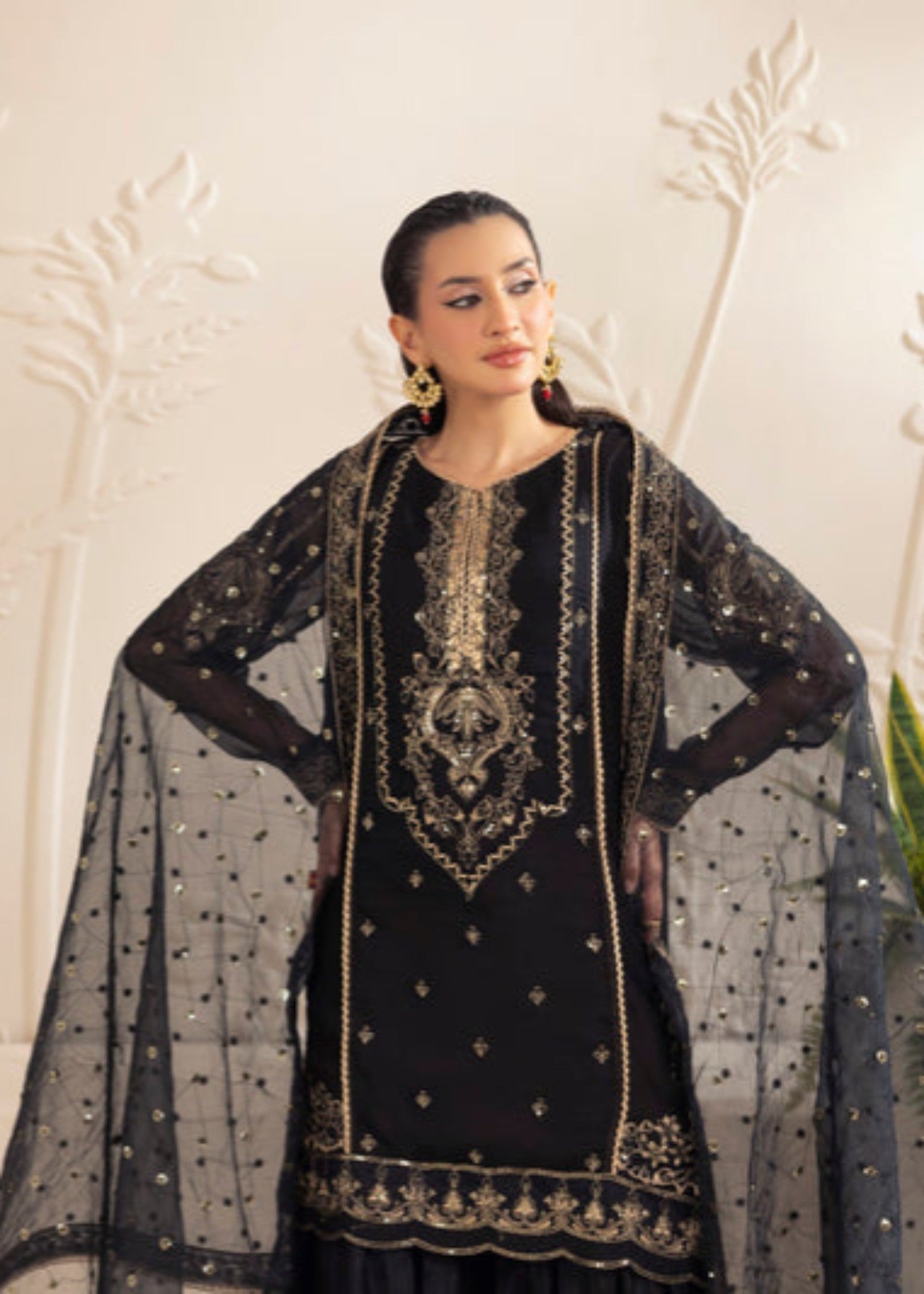 bemberg crinkle chiffon Gharara in Jet black