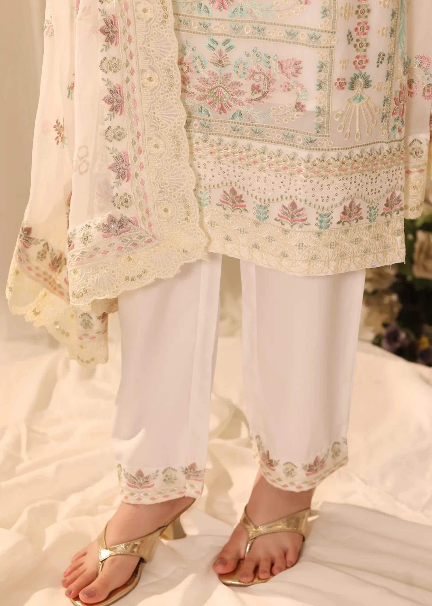 chiffon Kurta Set in Ivory