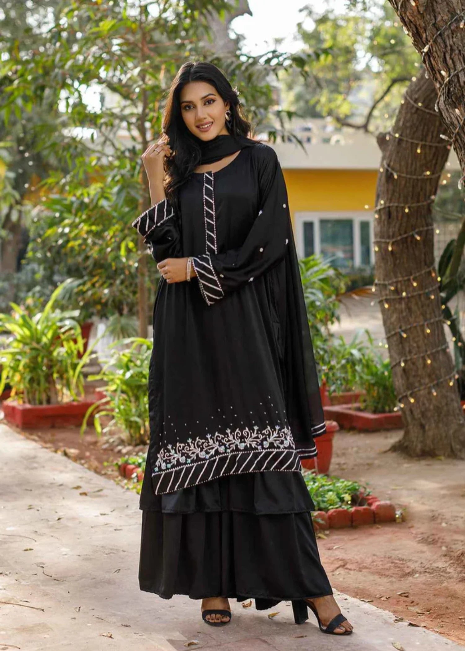 silk Gharara in Jet black