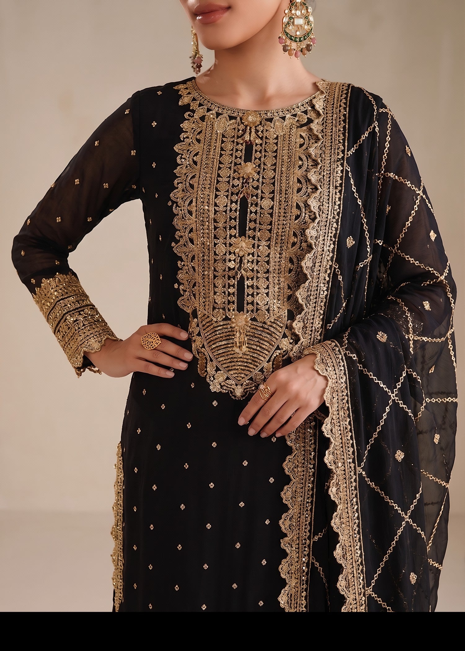 bemberg crinkle chiffon Kurta Set in Black