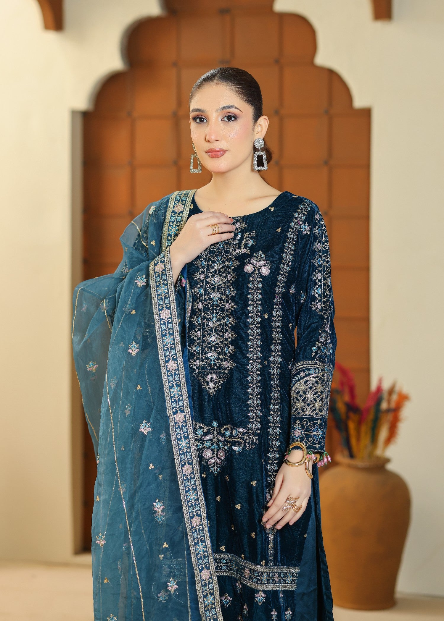 velvet Kurta Set in Sapphire blue