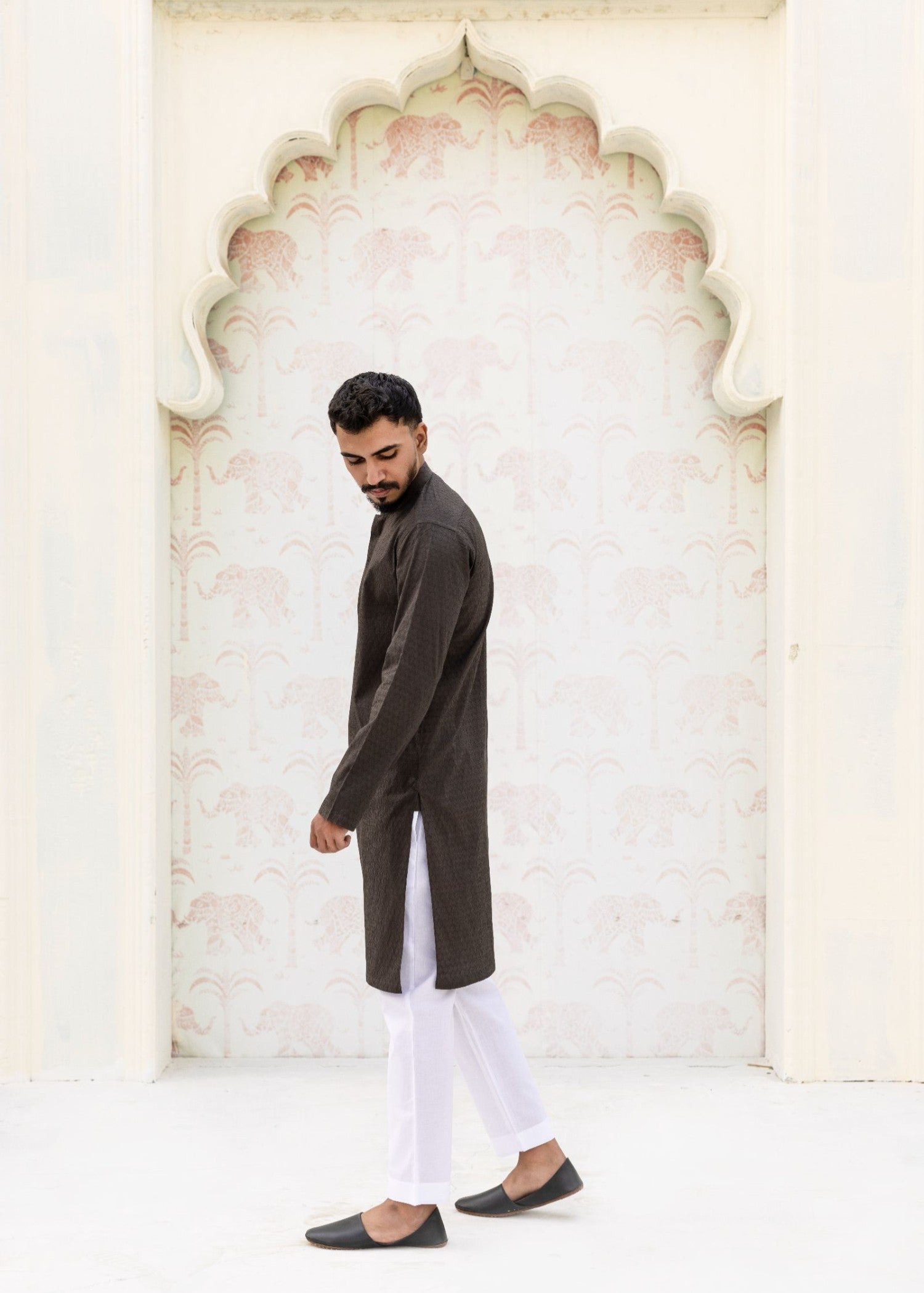 schiffli Kurta Set in Black olive