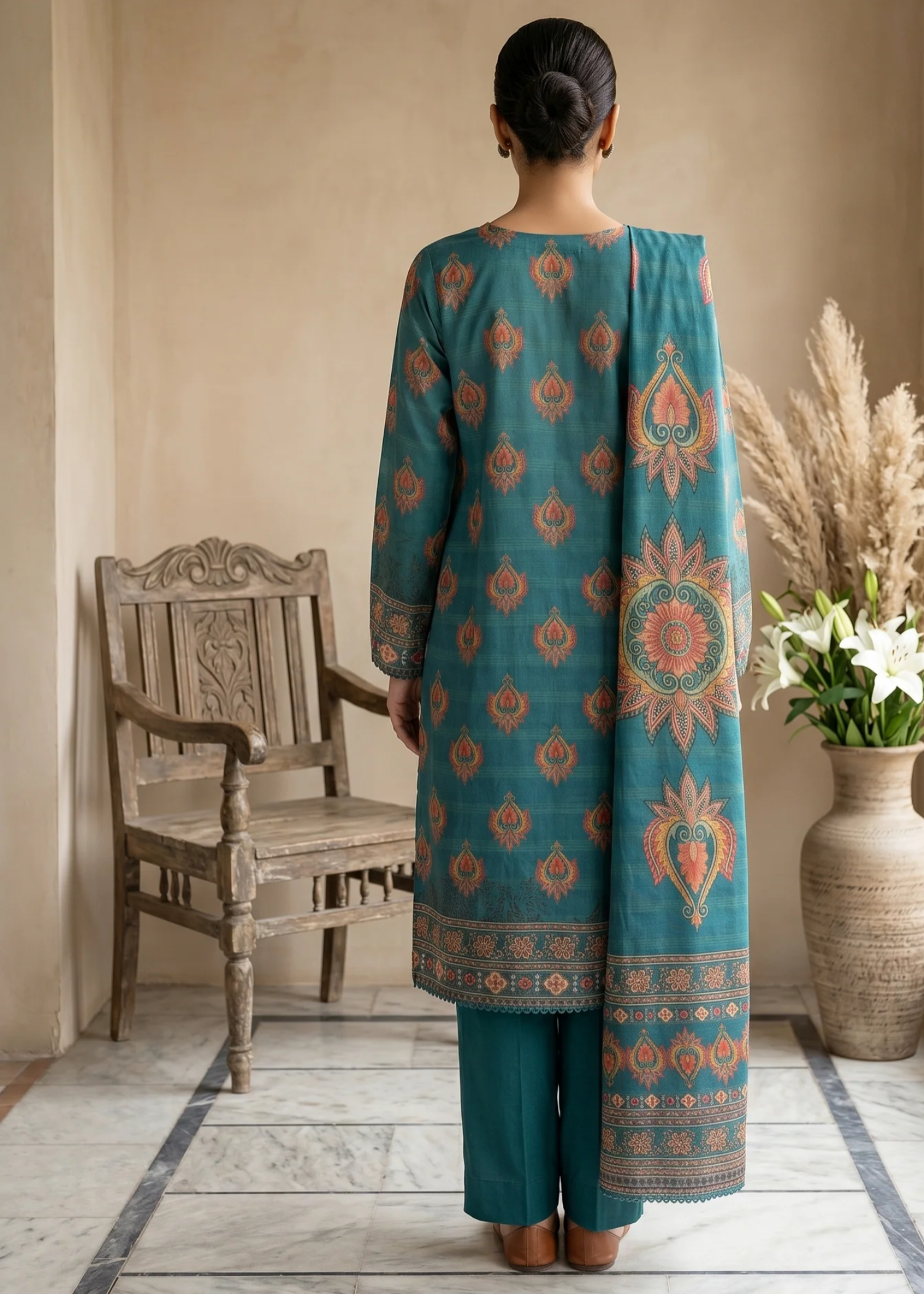 lawn Kurta Set in Hunter green