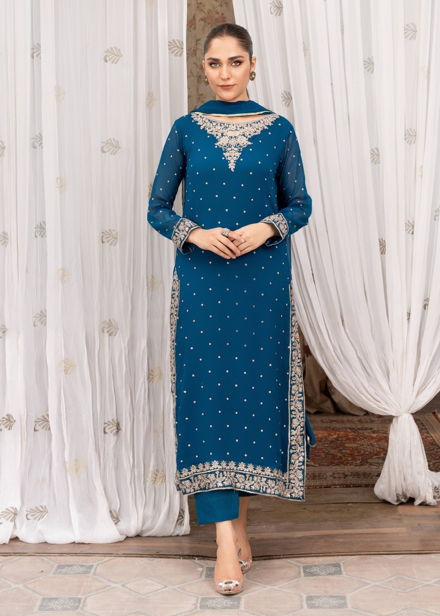 crinkle chiffon Kurta Set in Ocean blue