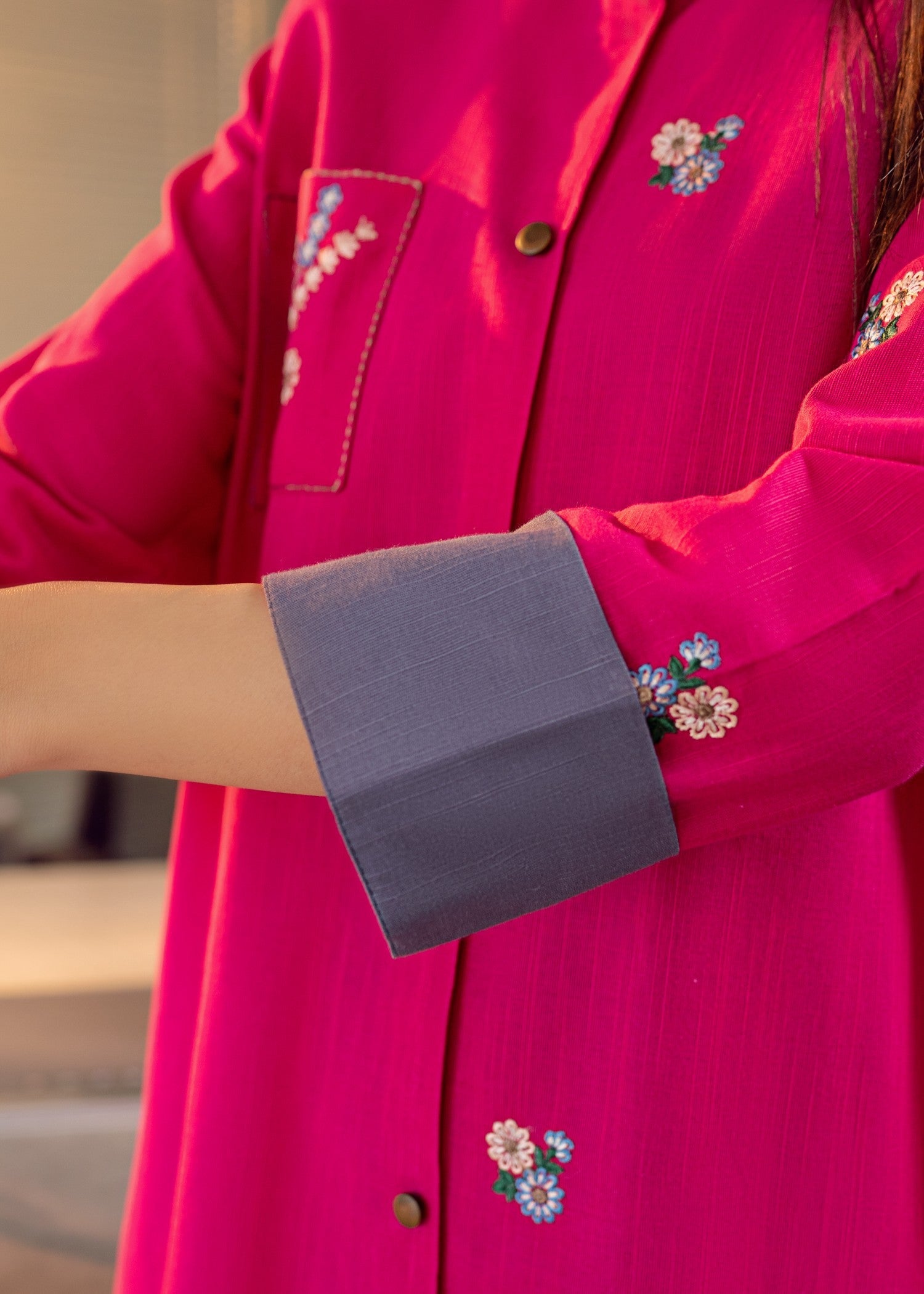 slub khaddar Kurta Set in Magenta, grey