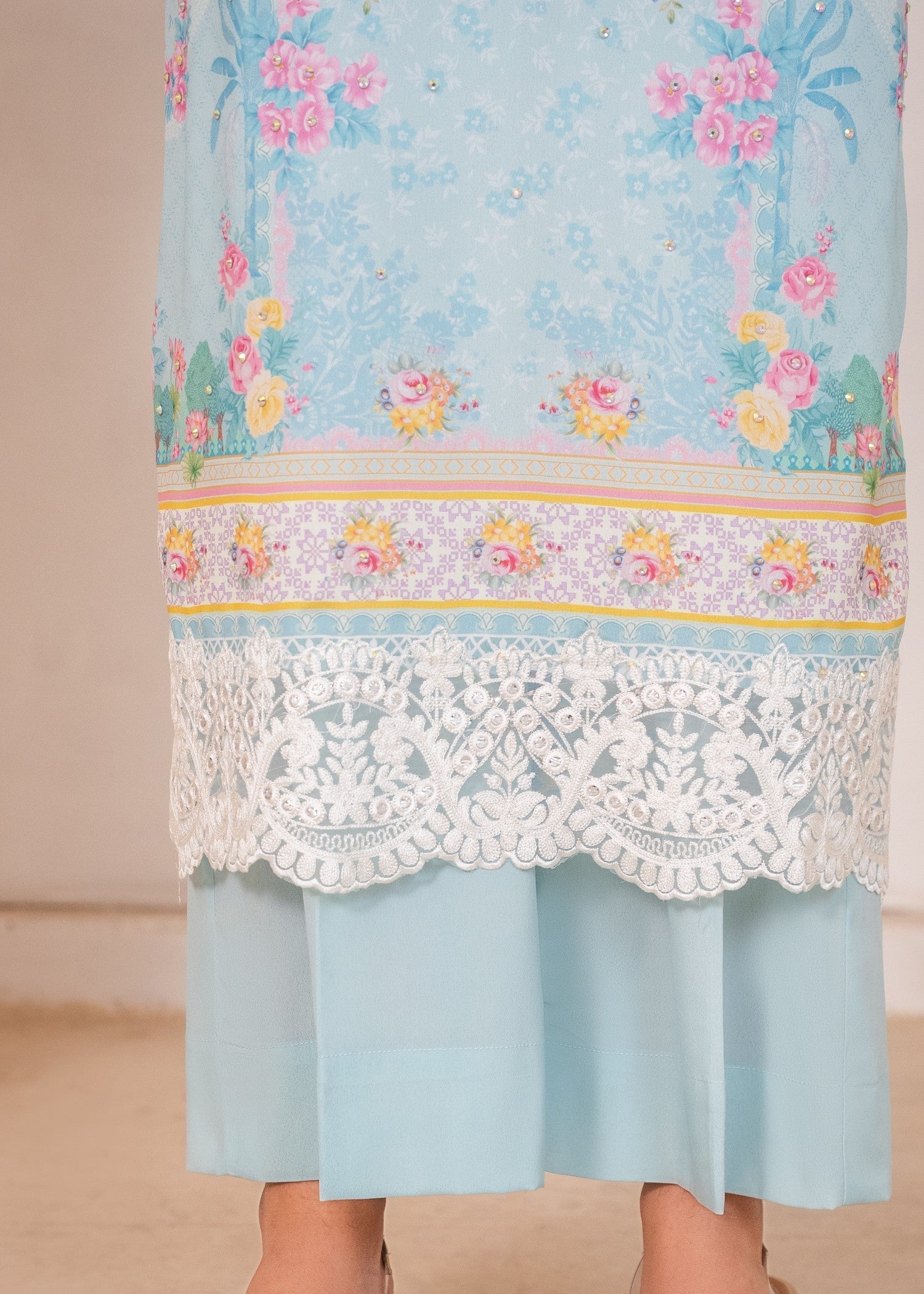 crepe silk Kurta Set in Light blue
