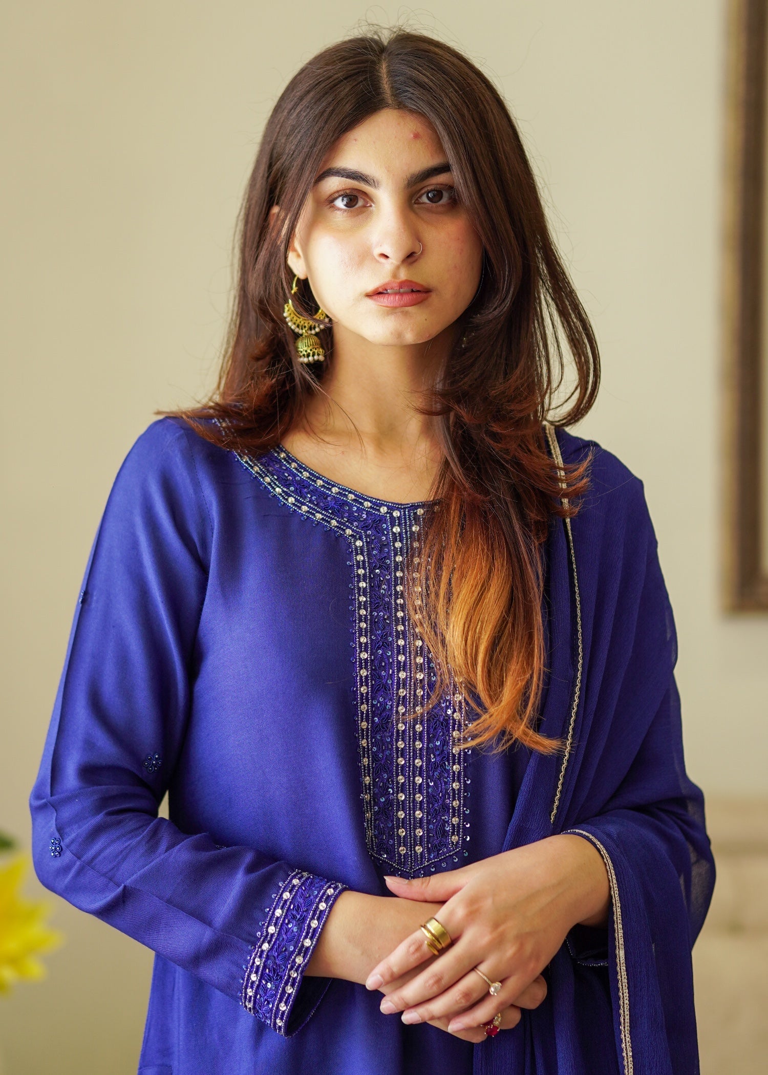 viscose raw silk Kurta Set in Dark blue