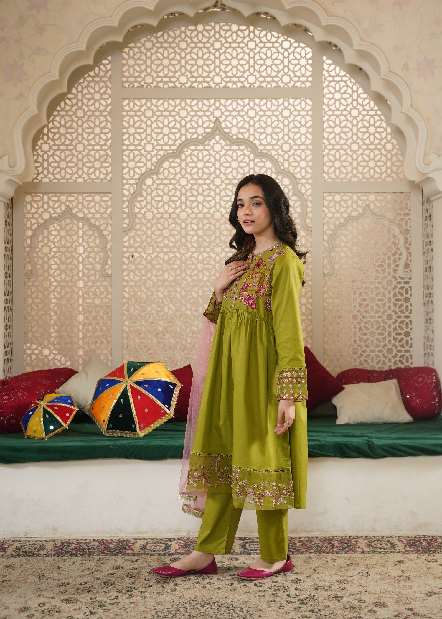 cotton Pishwas in Apple green