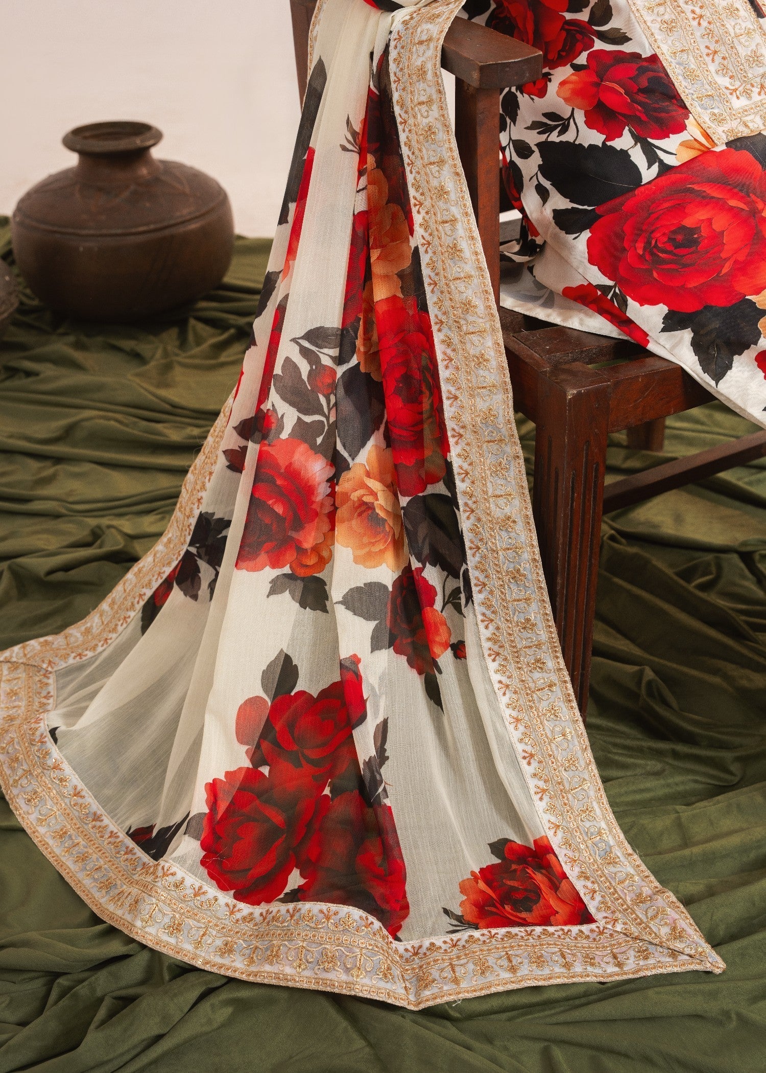 silk charmeuse Kurta Set in White, gold, rose red
