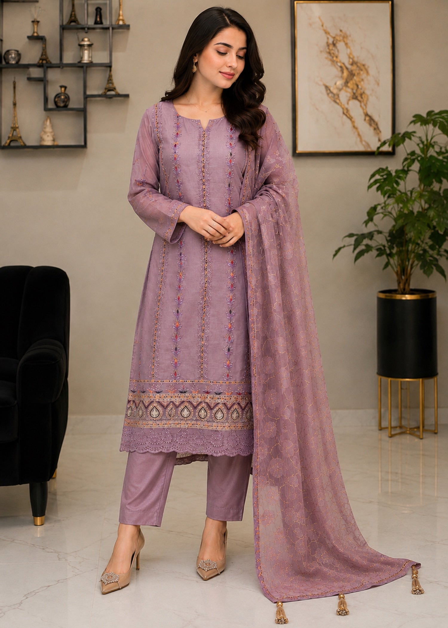 zari embroidered organza Kurta Set in Heathered lilac