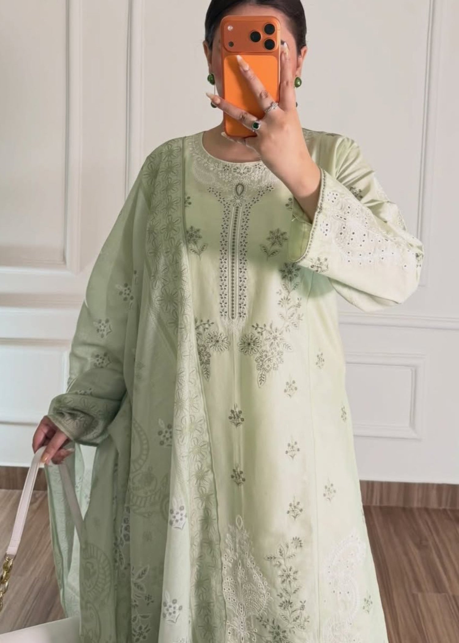 lawn cotton Kurta Set in Tea green