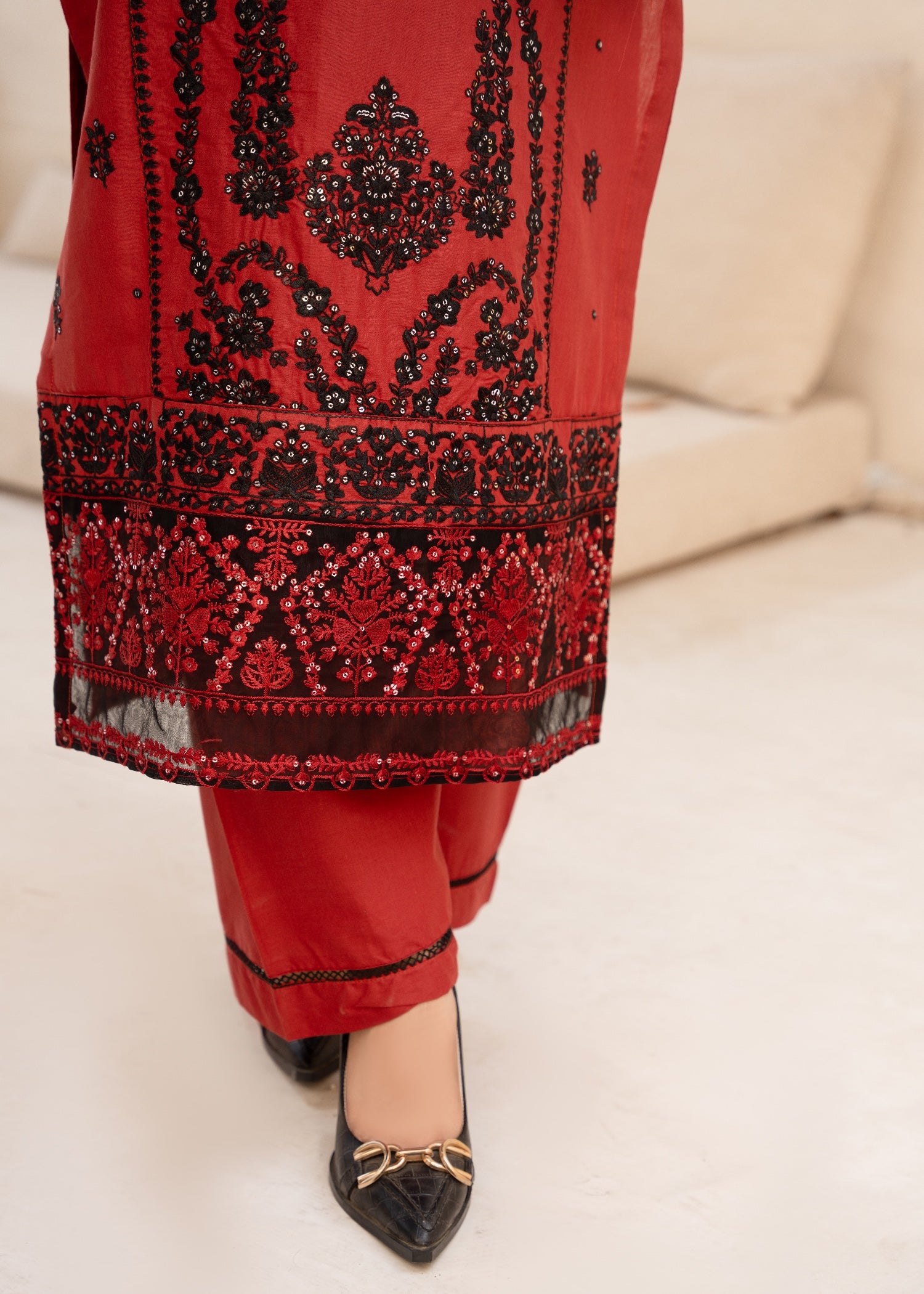 cambric Kurta Set in Rust red