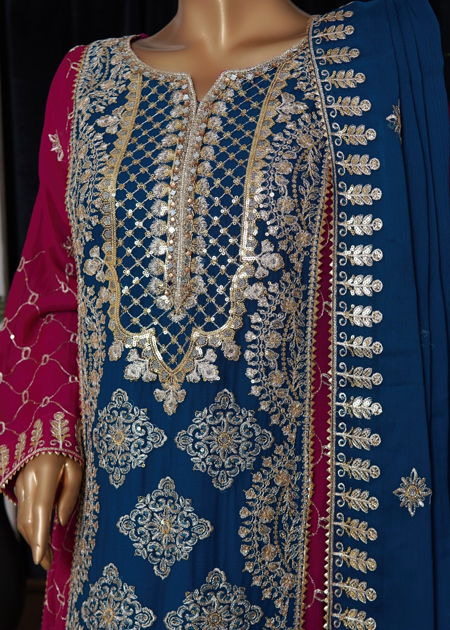 chiffon Pishwas in Sapphire blue, cherry red