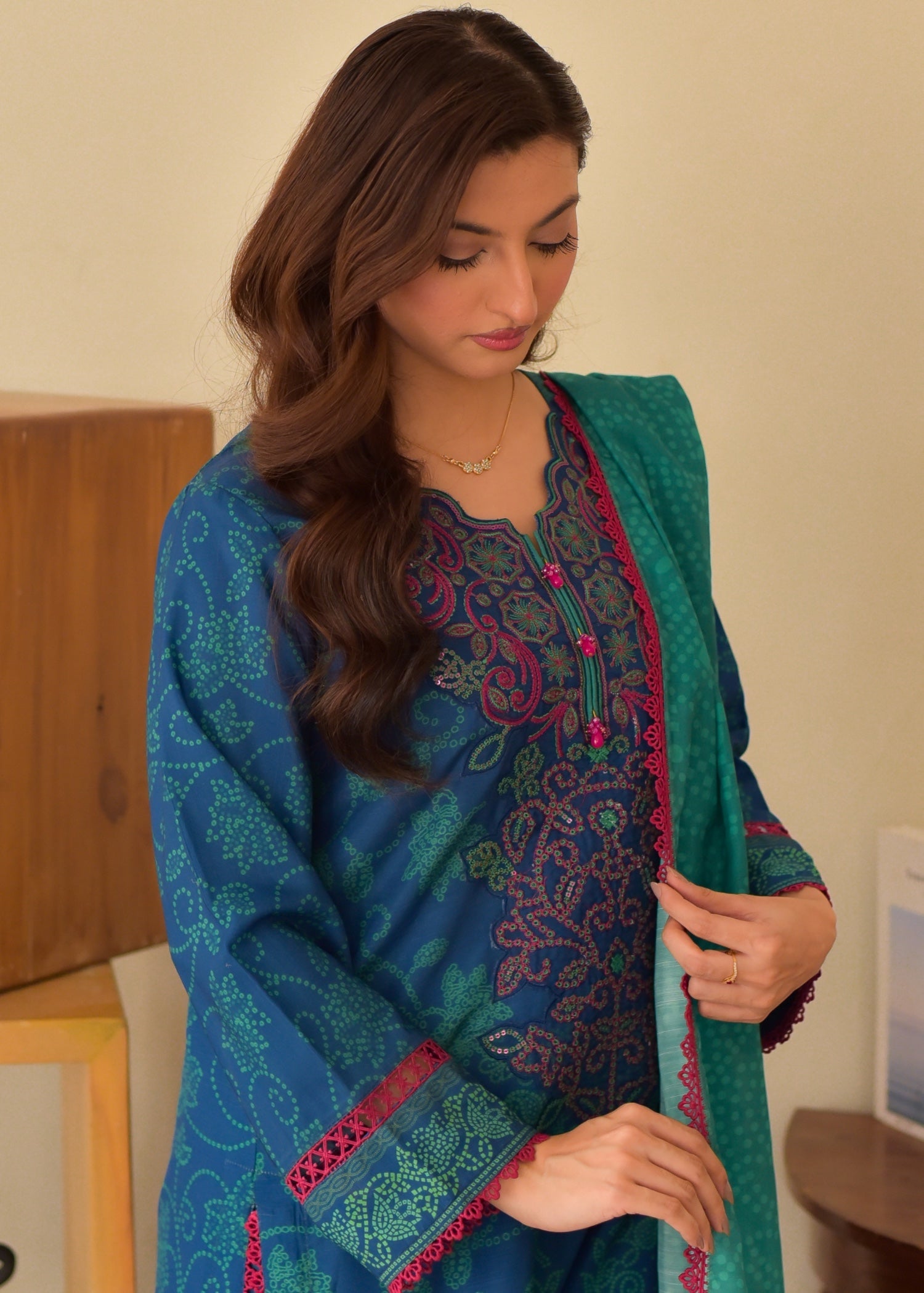 slub cambric Kurta Set in Royal blue