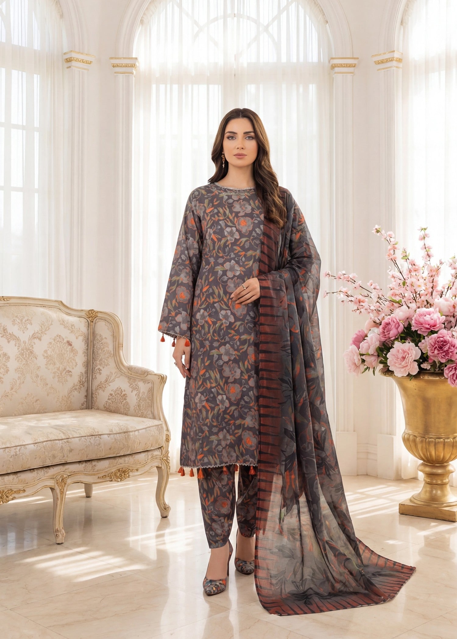 poly lawn Kurta Set in Charcoal