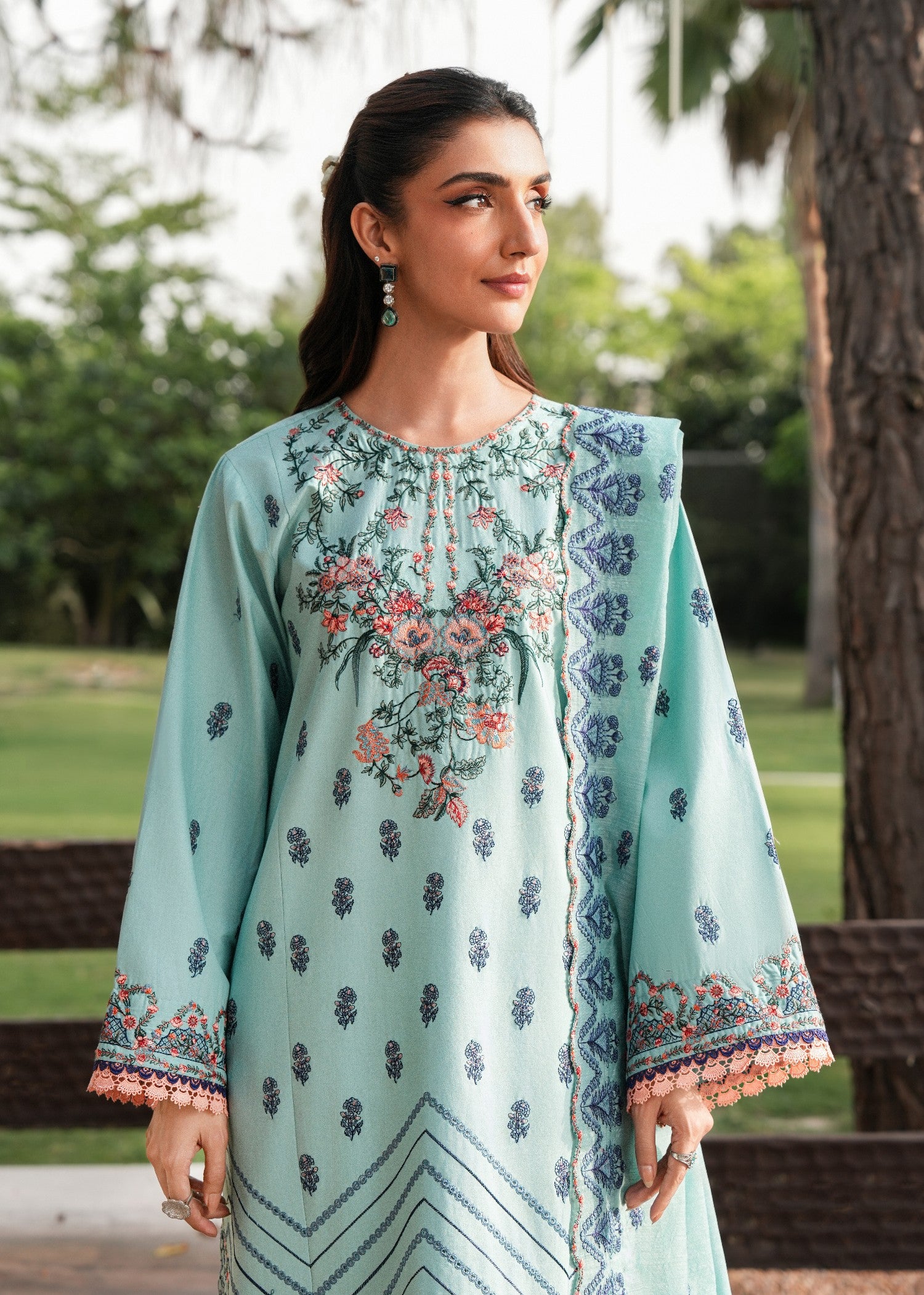 cotton Kurta Set in Navy blue, pastel green
