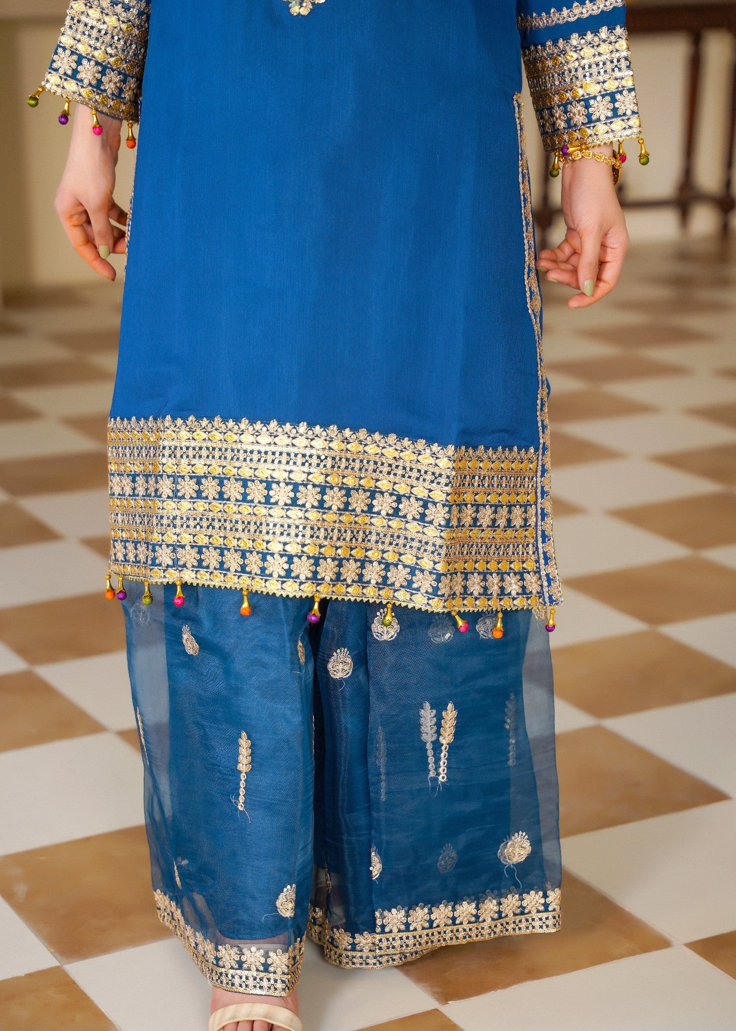 chiffon Kurta Set in Royal blue, gold