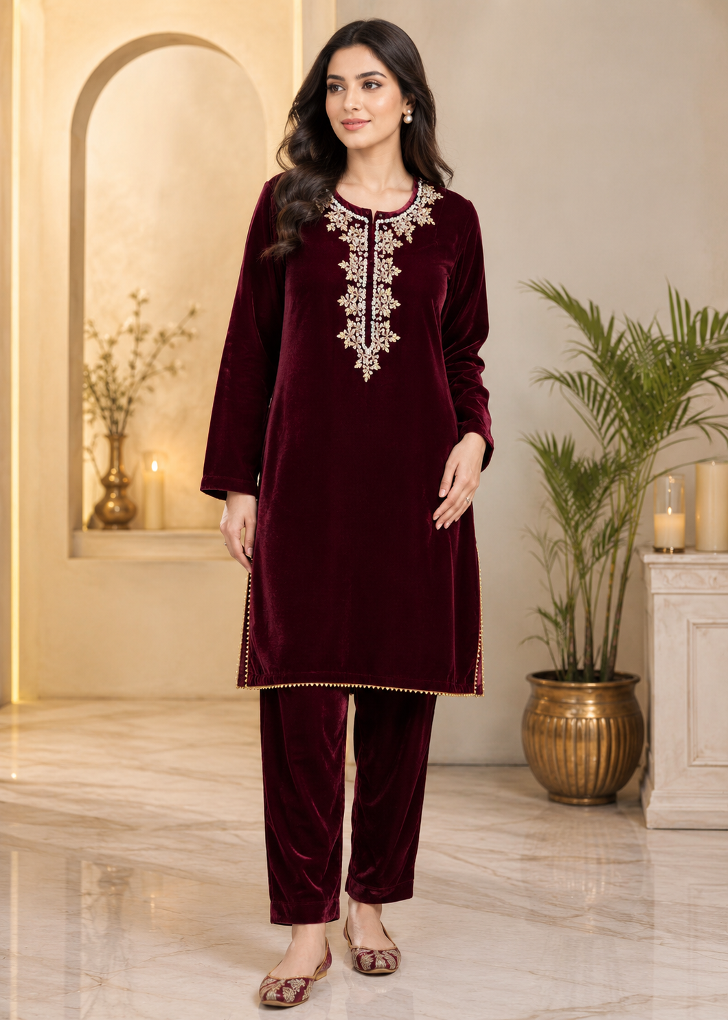 chinese micro velvet 9000 Kurta Set in Maroon